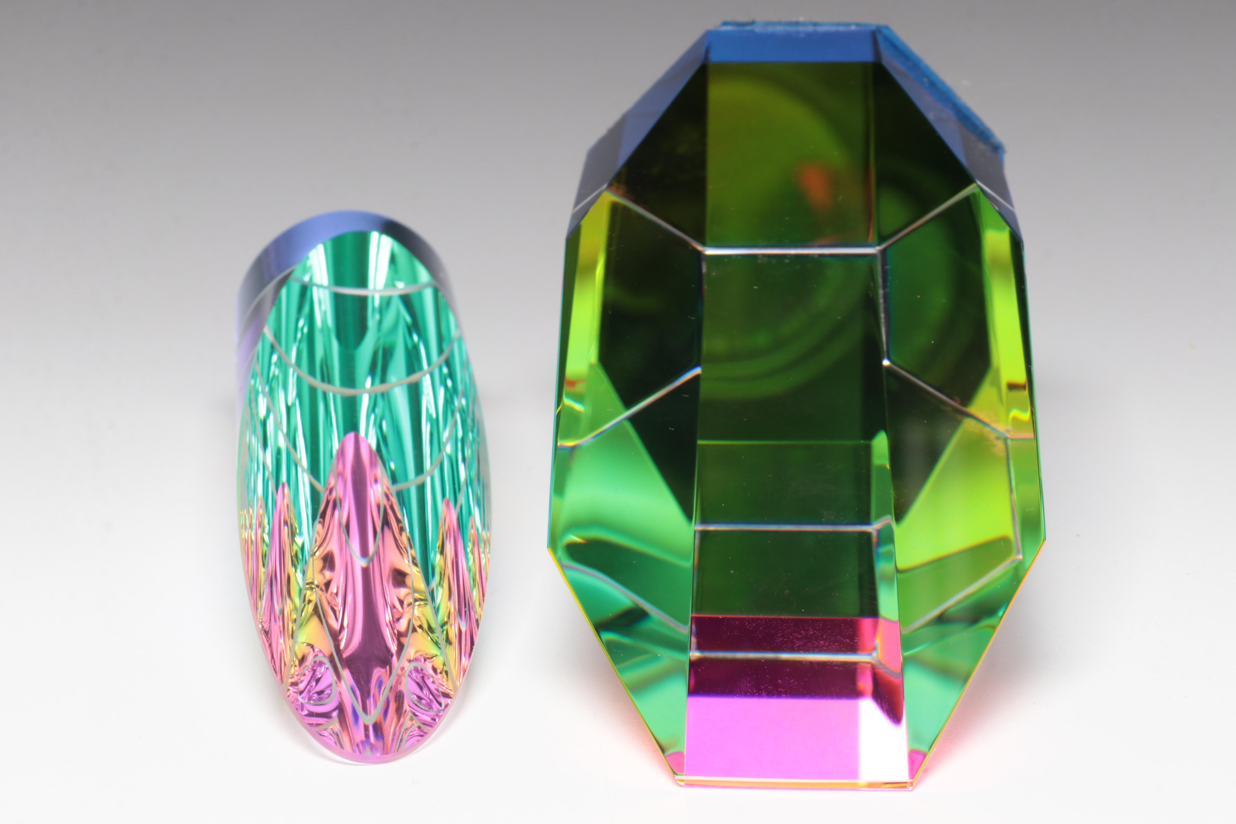 Glass Oblique Octagon Prism and Cylinders with Dichroic Glass Stepped Pyramid
