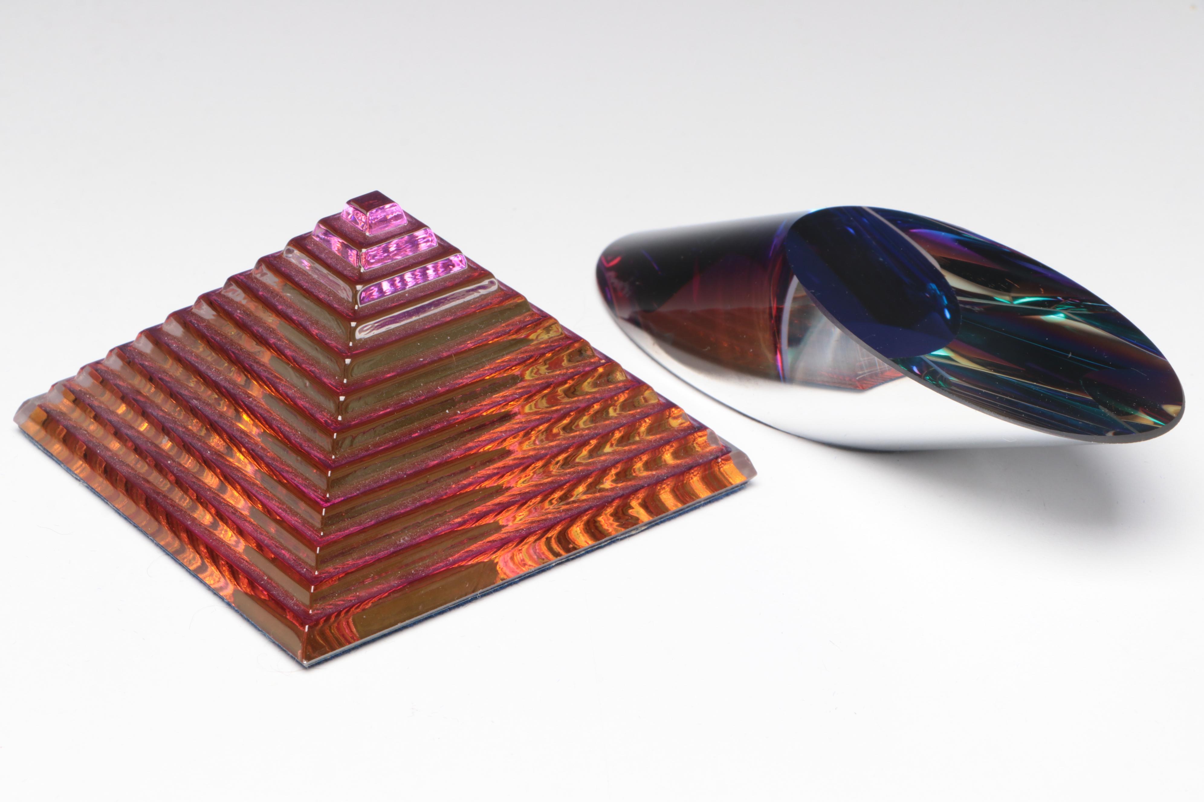 Glass Oblique Octagon Prism and Cylinders with Dichroic Glass Stepped Pyramid