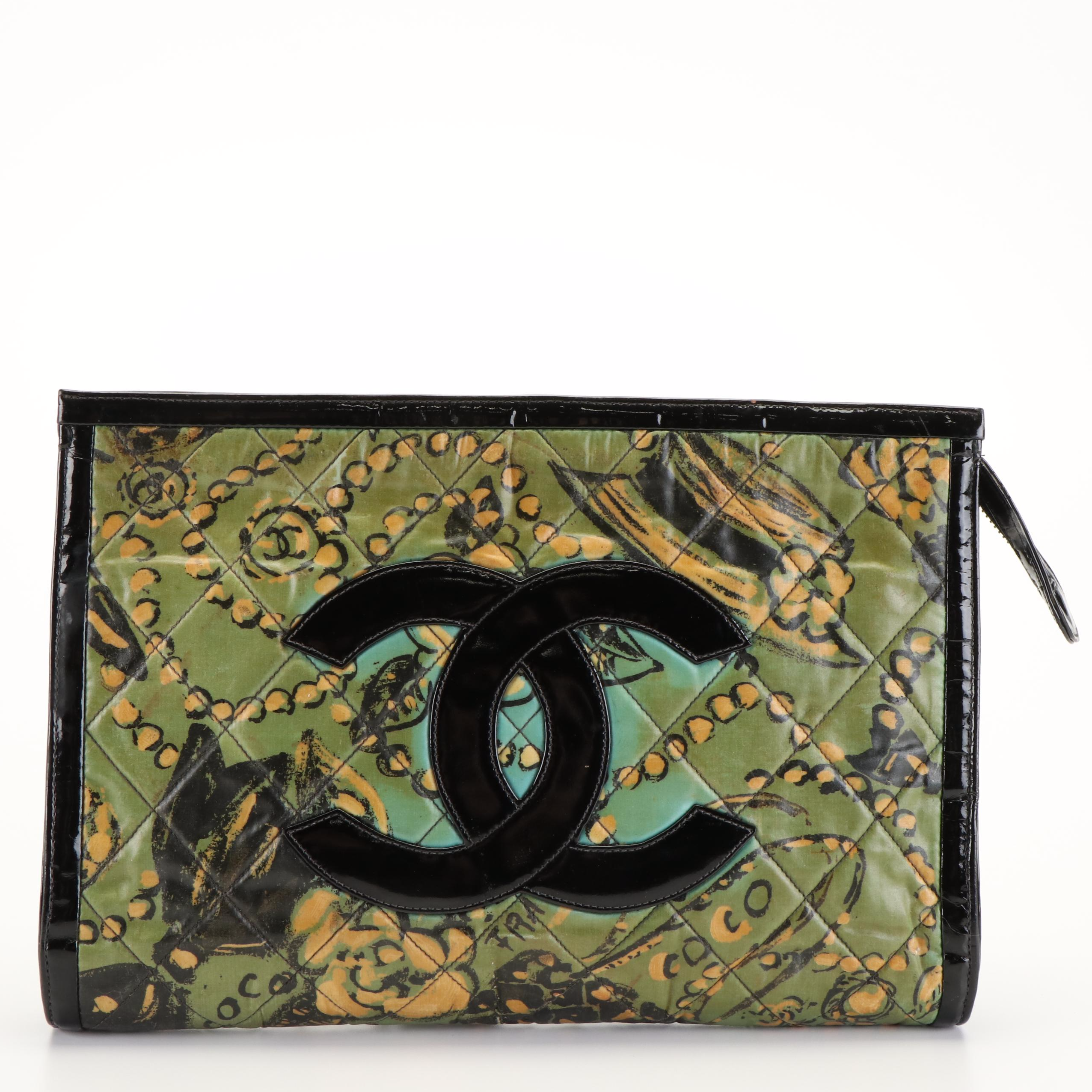 Chanel CC Logo Patent Leather Quilted Canvas XL Clutch Bag