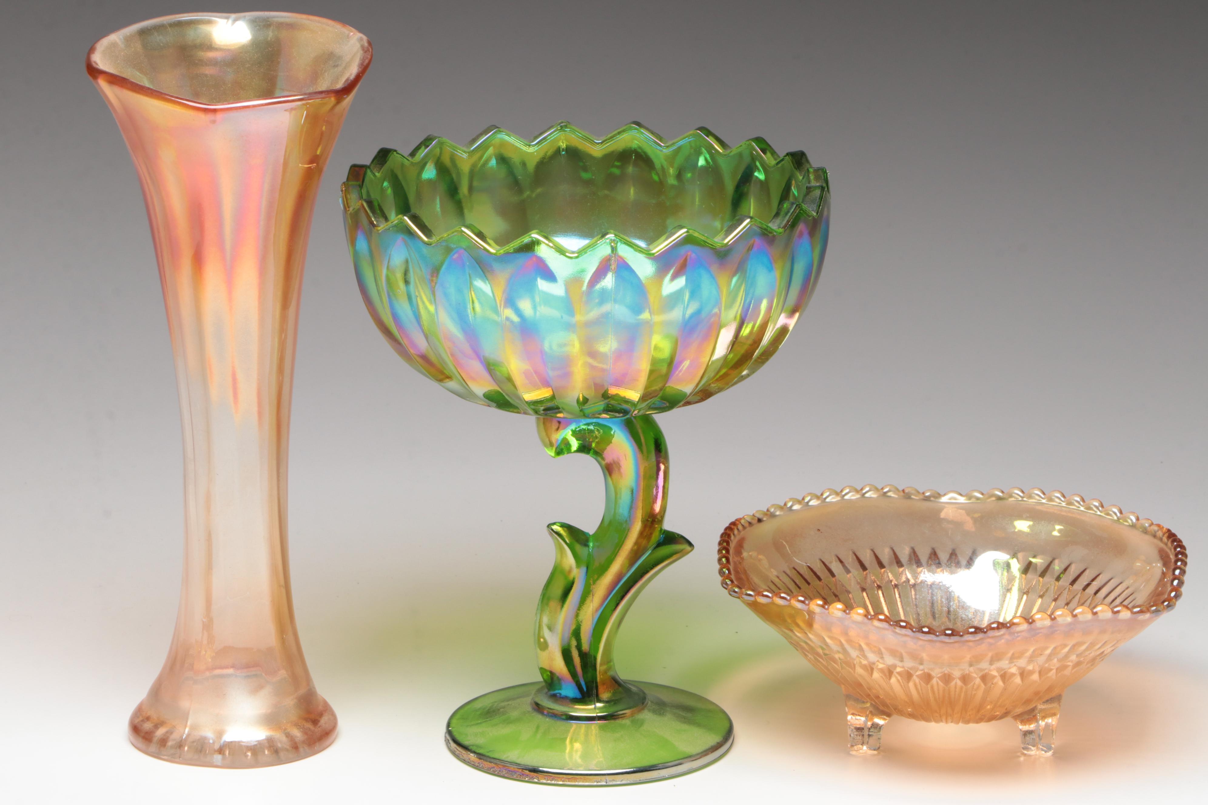 Indiana Glass Lotus Blossom Pedestal Bowl with Other Carnival Glass
