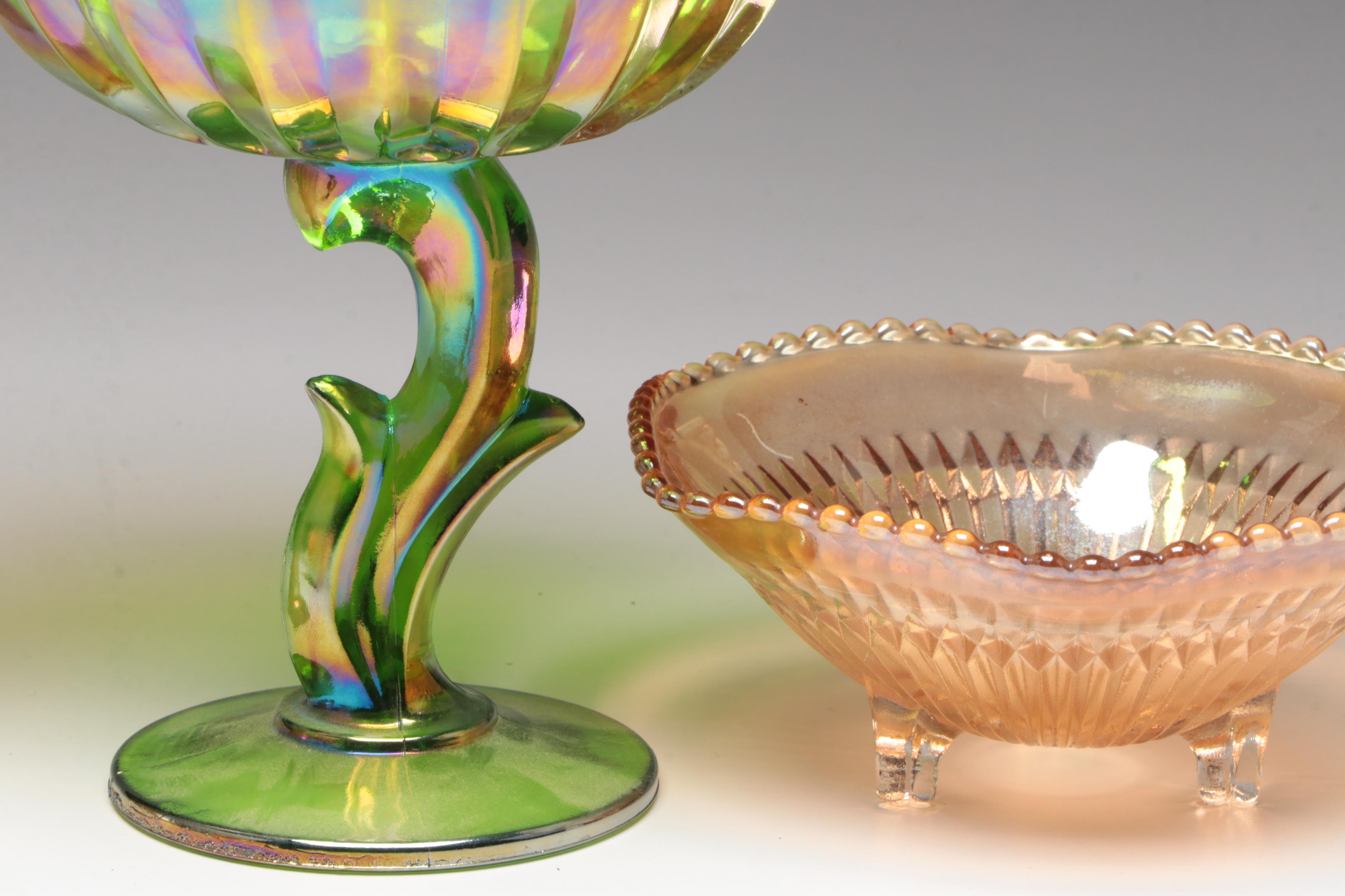 Indiana Glass Lotus Blossom Pedestal Bowl with Other Carnival Glass