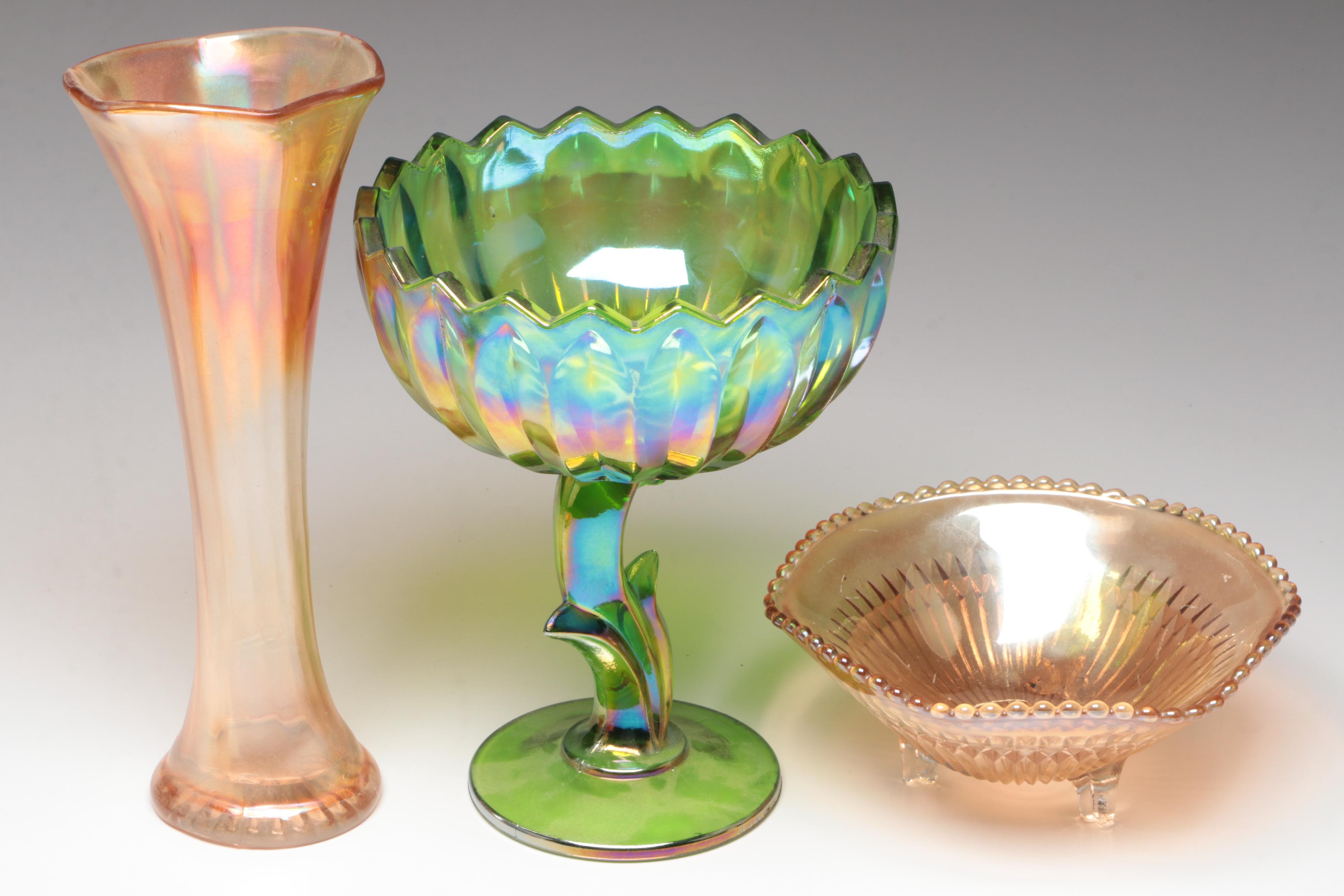 Indiana Glass Lotus Blossom Pedestal Bowl with Other Carnival Glass