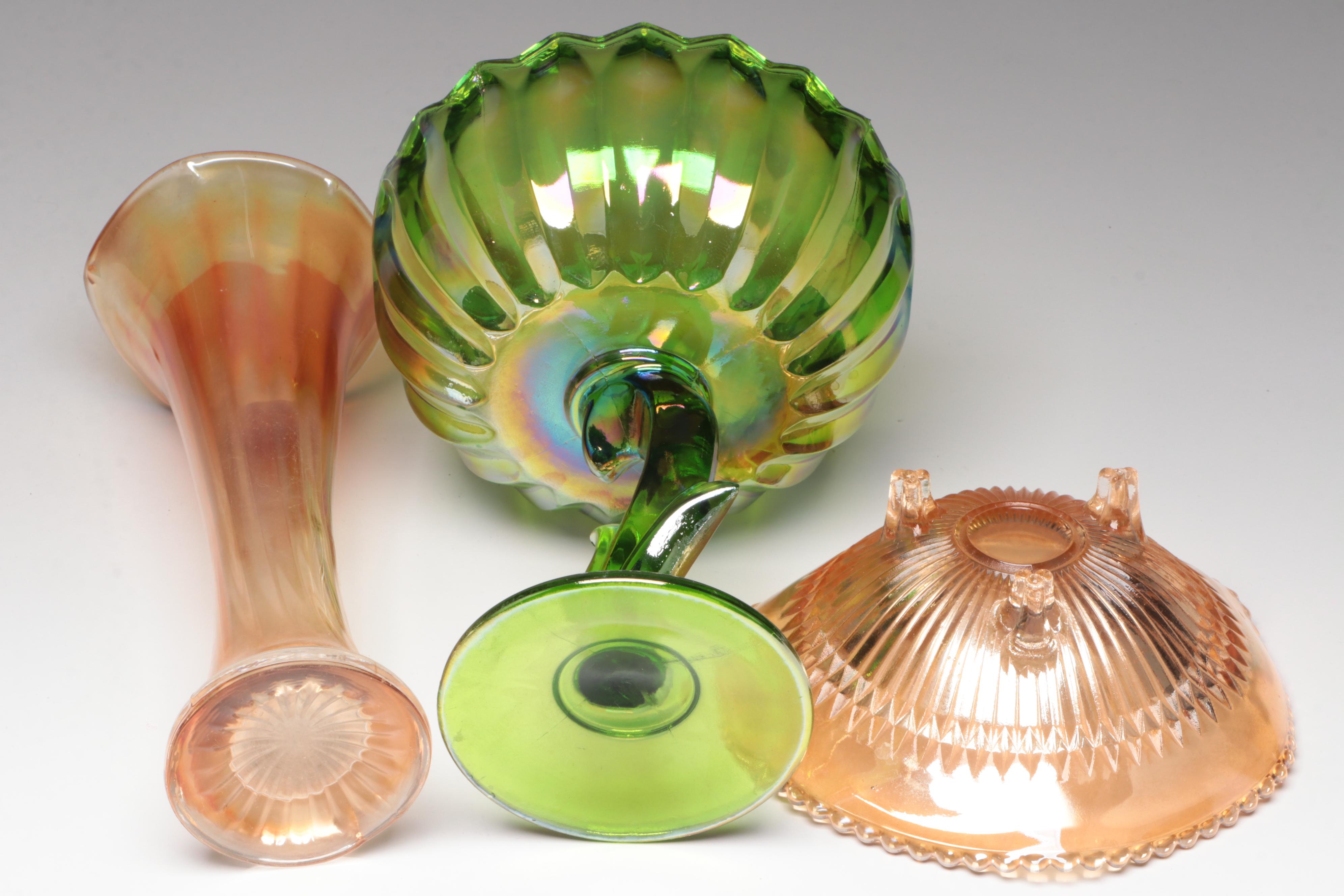 Indiana Glass Lotus Blossom Pedestal Bowl with Other Carnival Glass