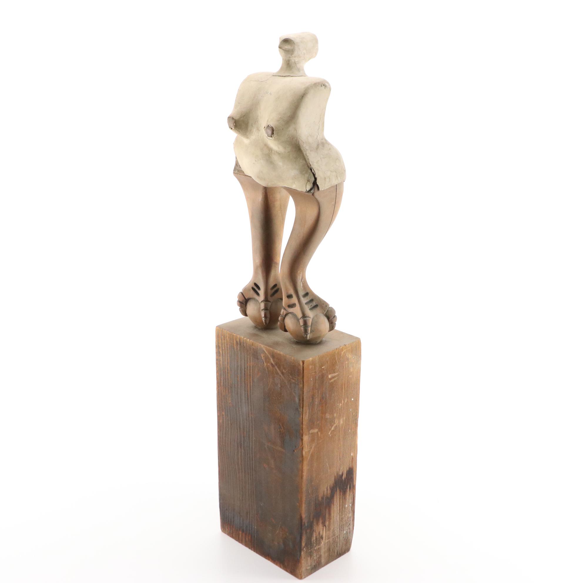 Figurative Mixed Media Sculpture with Wooden Base