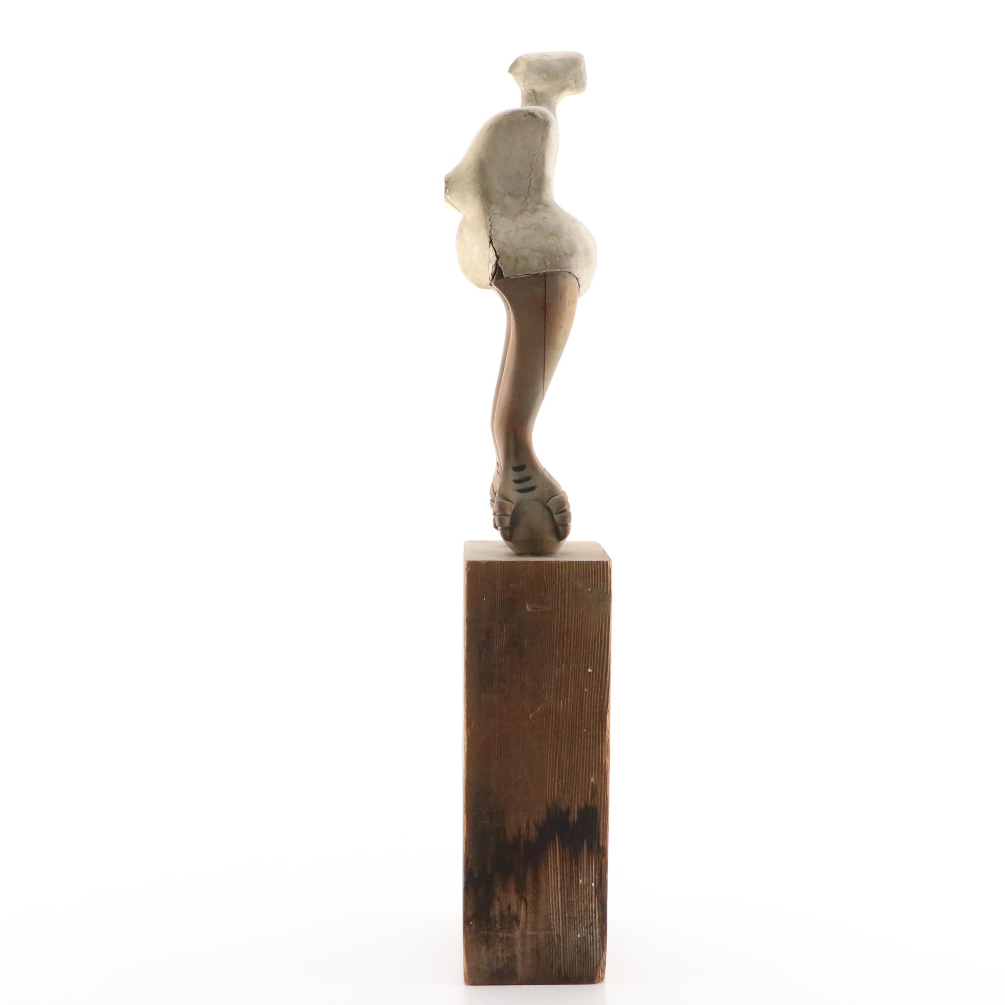 Figurative Mixed Media Sculpture with Wooden Base