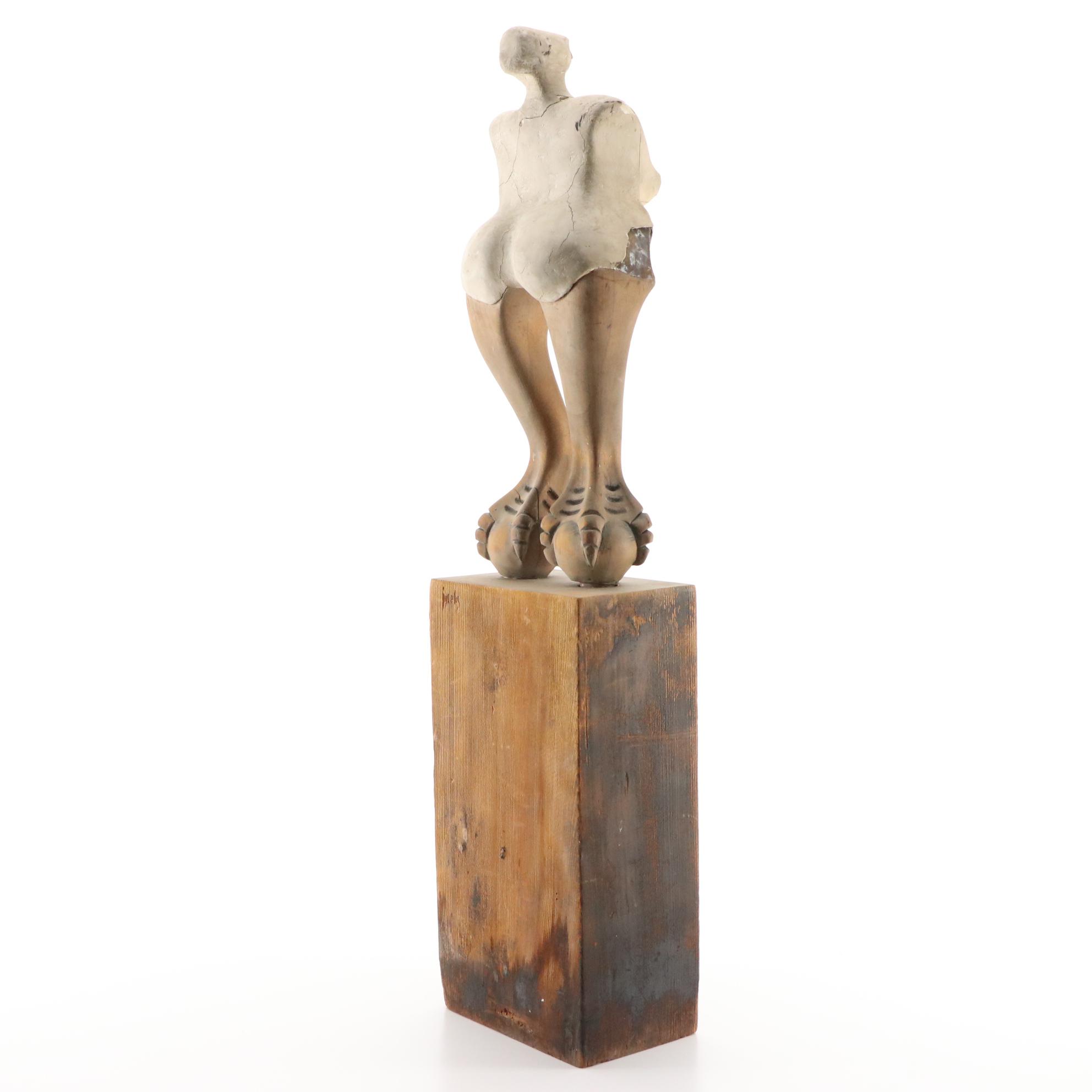 Figurative Mixed Media Sculpture with Wooden Base