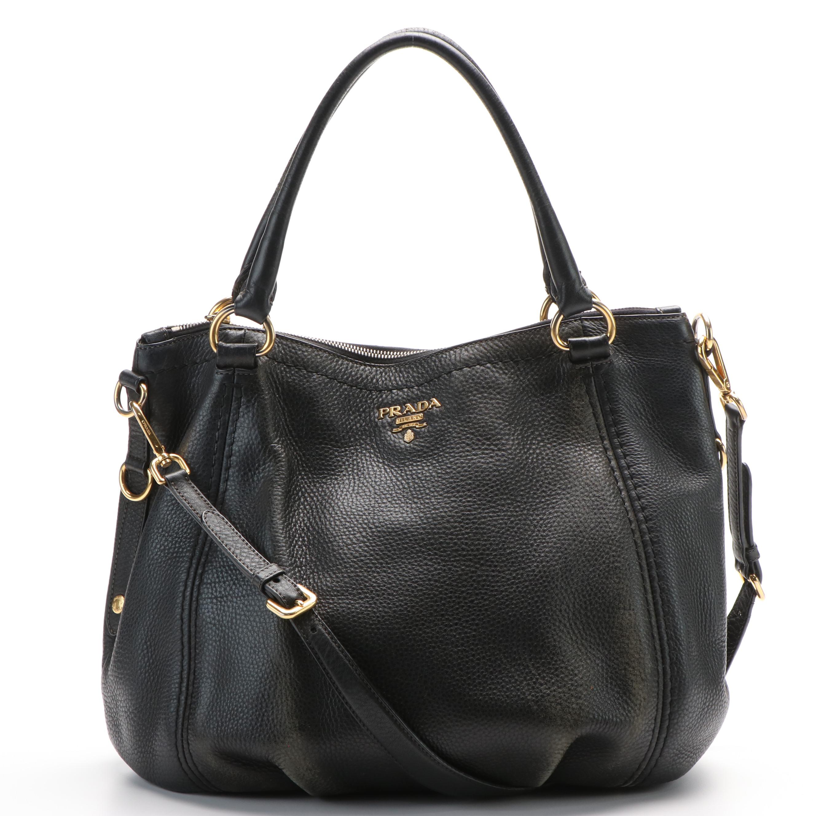 Prada Crossbody Tote in Black Vitello Daino Leather