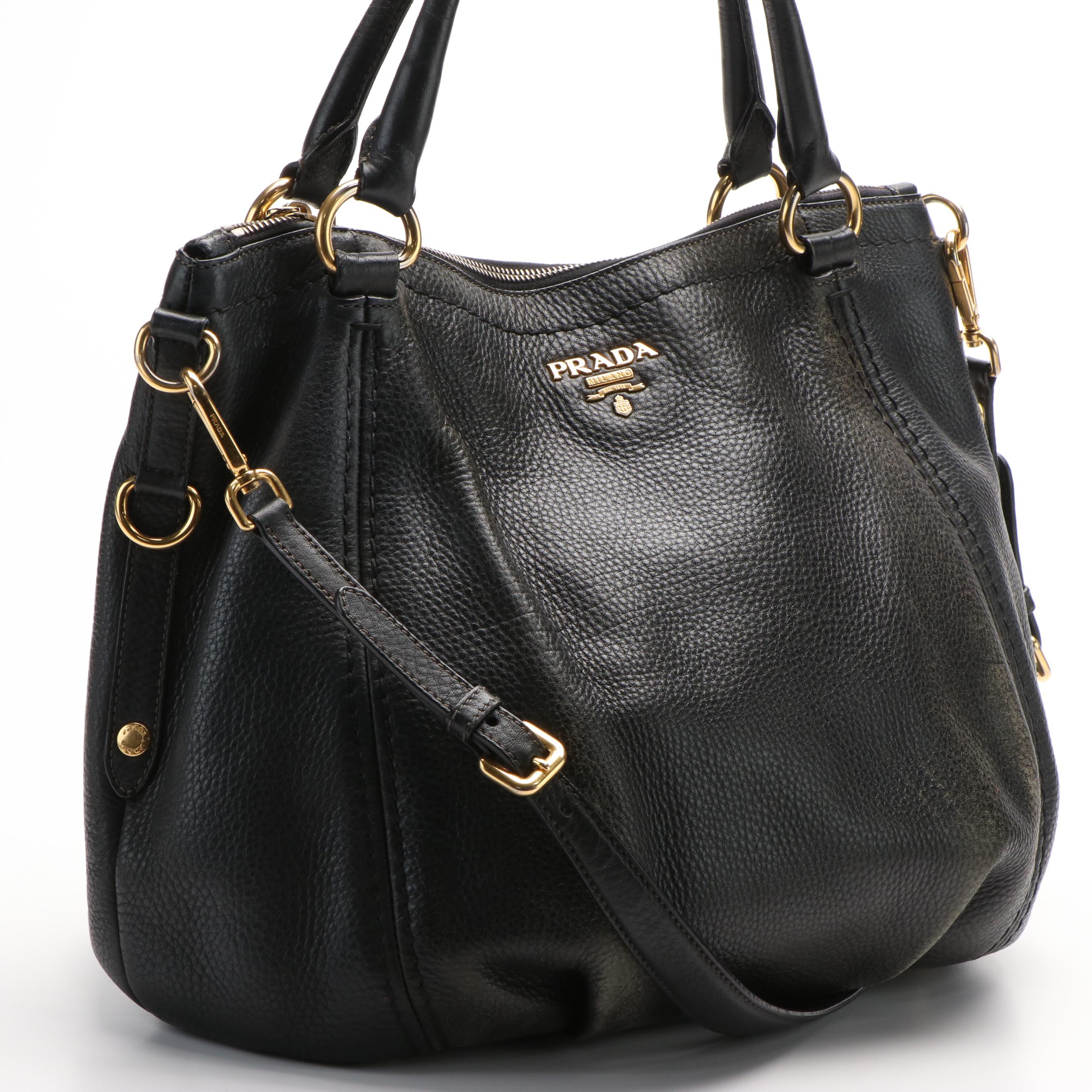 Prada Crossbody Tote in Black Vitello Daino Leather
