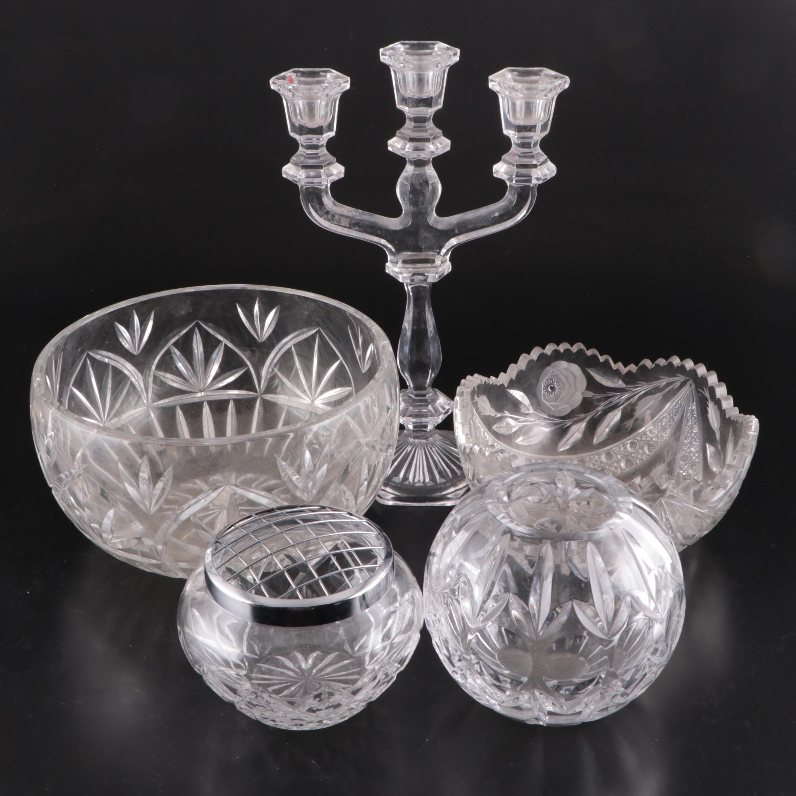 Royal Brierley Crystal Bowl with Other Cut Glass Bowls and Candelabra