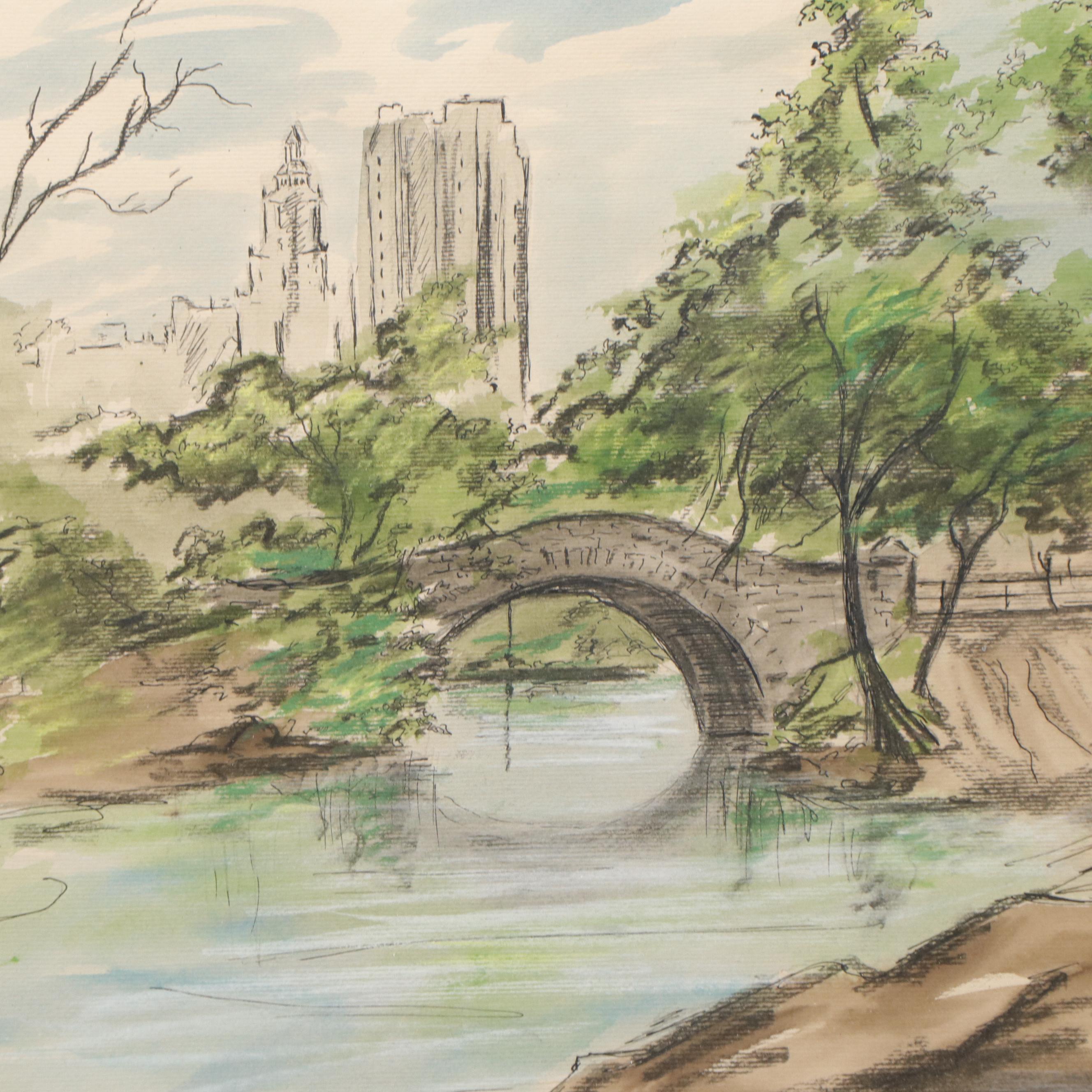 Pen & Ink With Watercolor Landscape Sketch "Central Park"