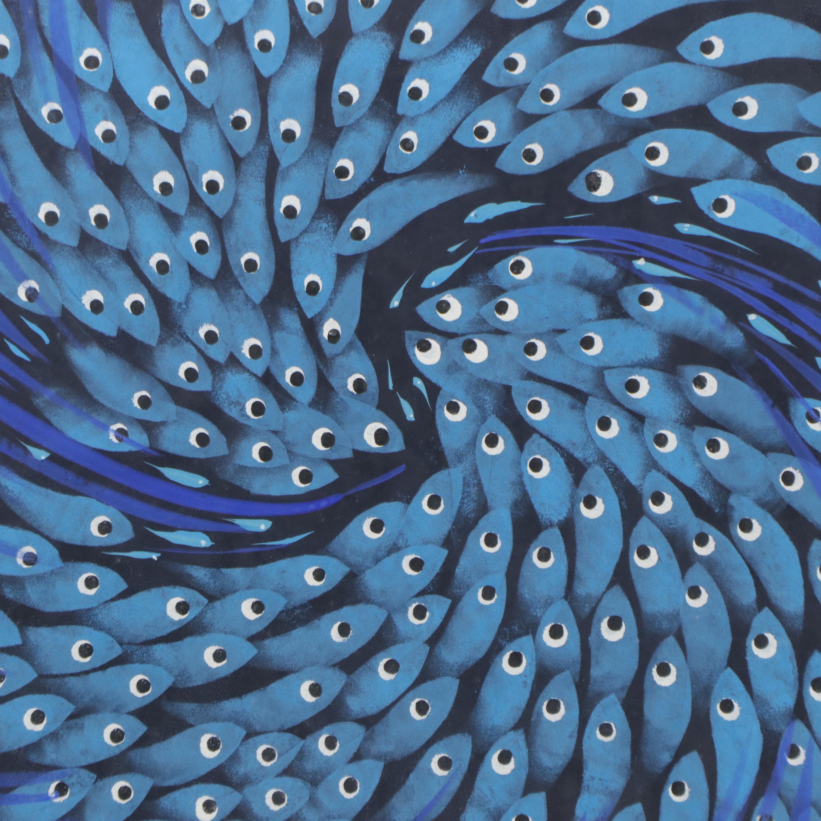 Chinese Folk Gouache Painting of School of Fish