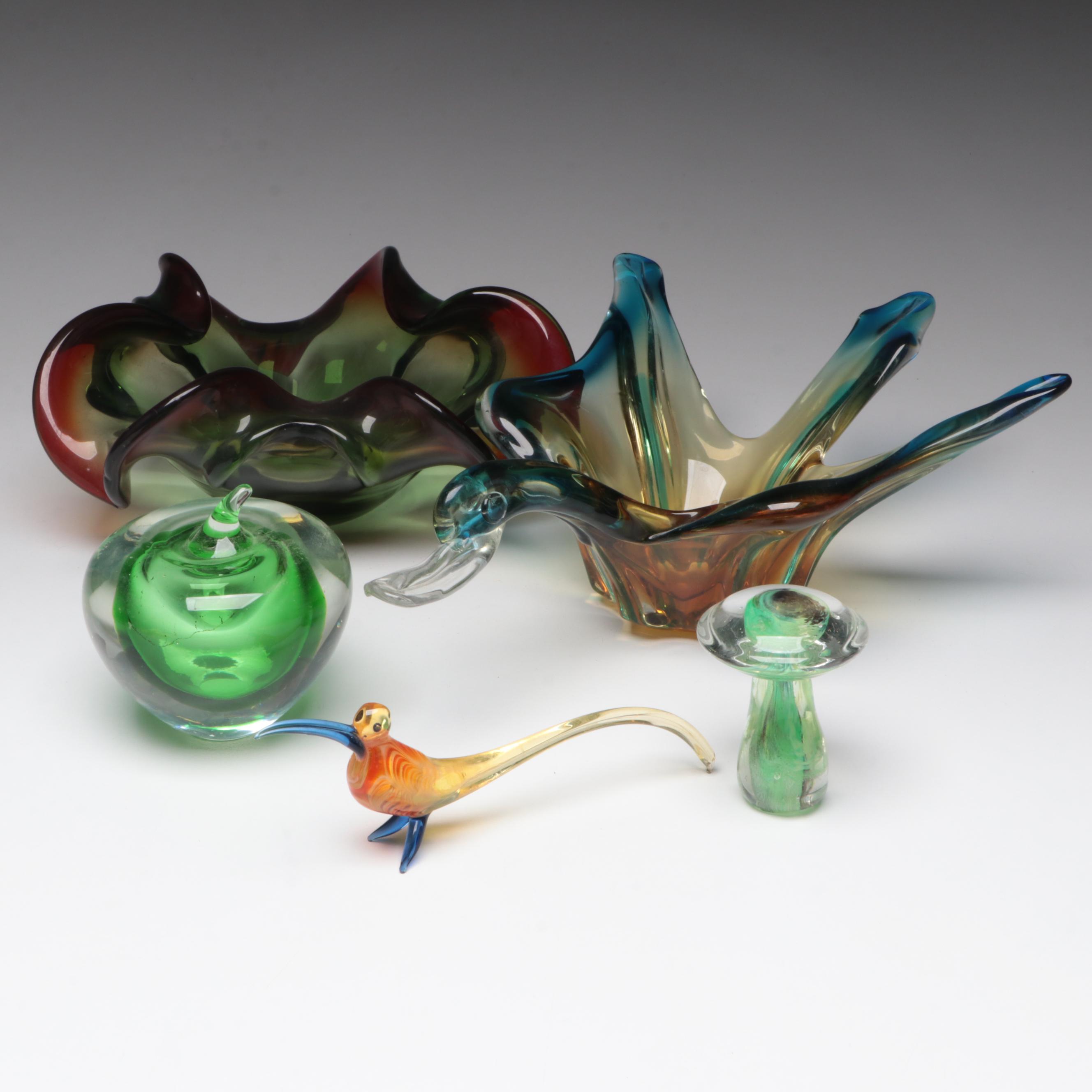 Handmade Art Glass Bowls with Apple, Mushroom, and Bird Paperweights