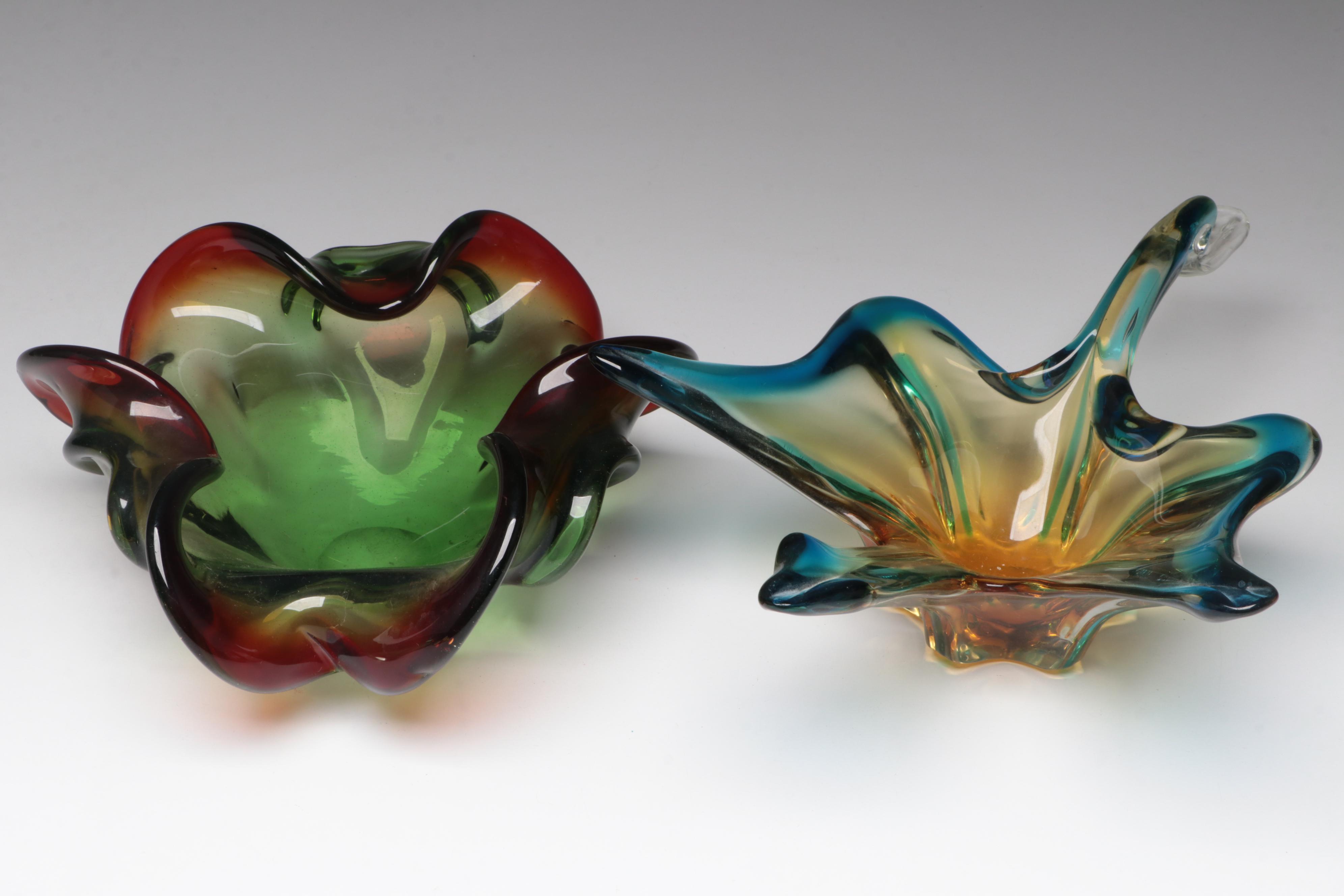 Handmade Art Glass Bowls with Apple, Mushroom, and Bird Paperweights
