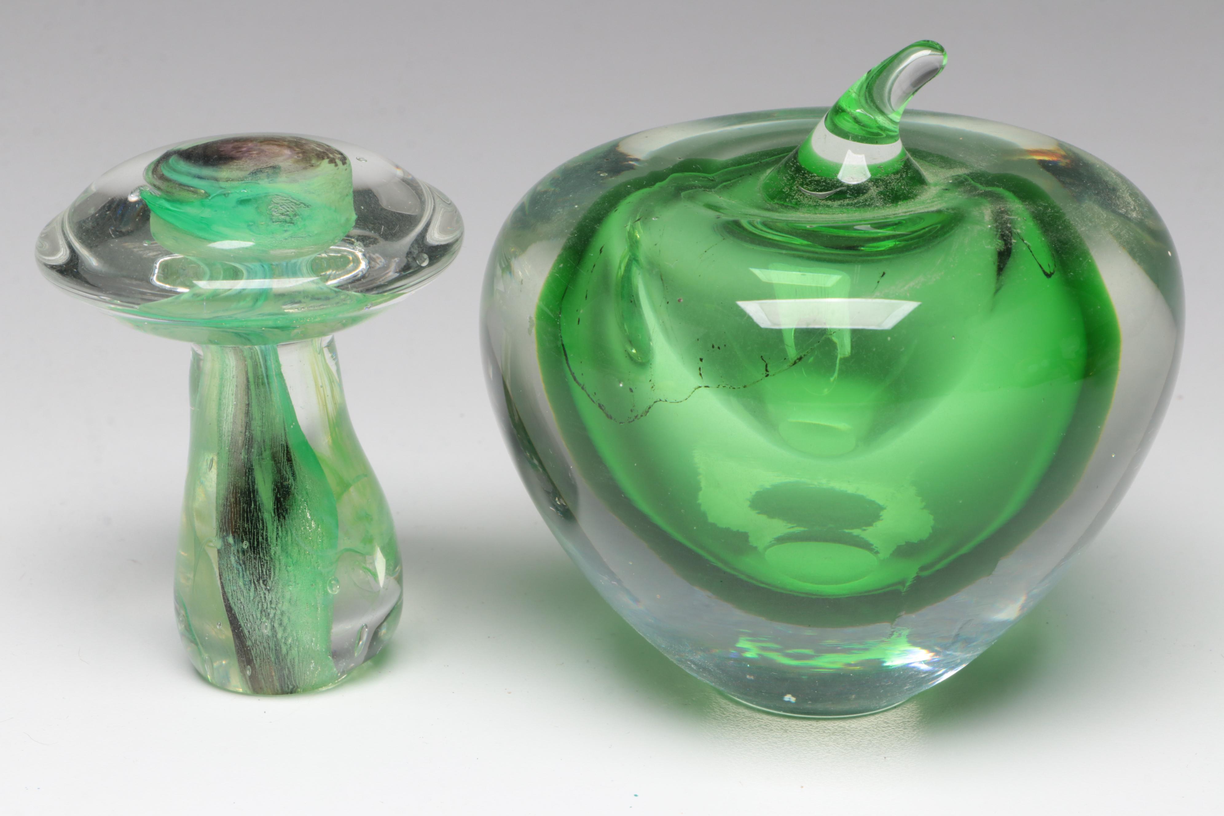 Handmade Art Glass Bowls with Apple, Mushroom, and Bird Paperweights