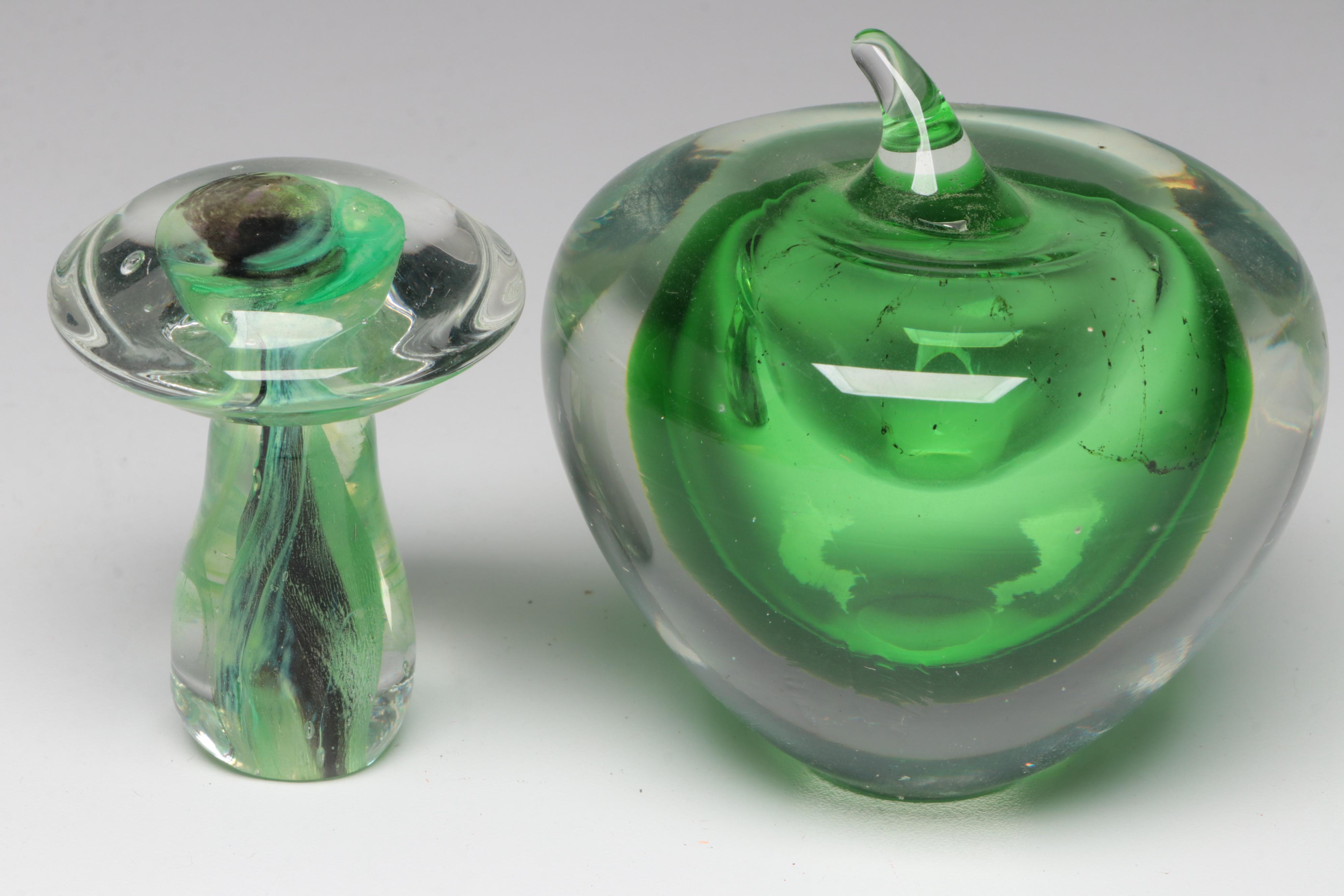 Handmade Art Glass Bowls with Apple, Mushroom, and Bird Paperweights