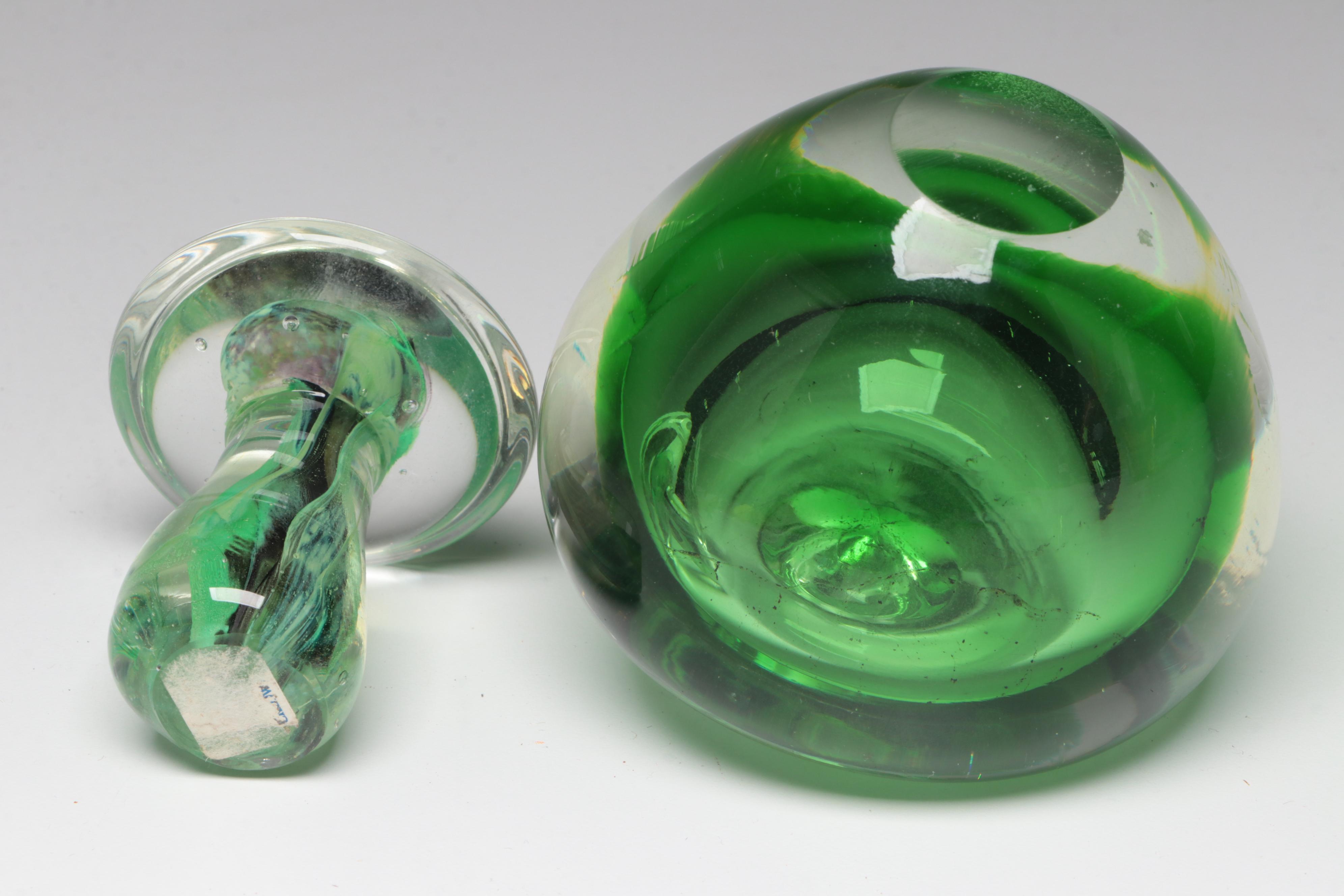 Handmade Art Glass Bowls with Apple, Mushroom, and Bird Paperweights