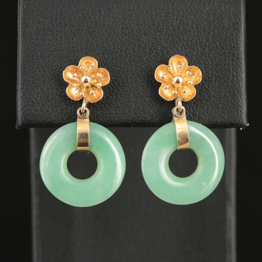 14K Jadeite Hololith and Flower Earrings