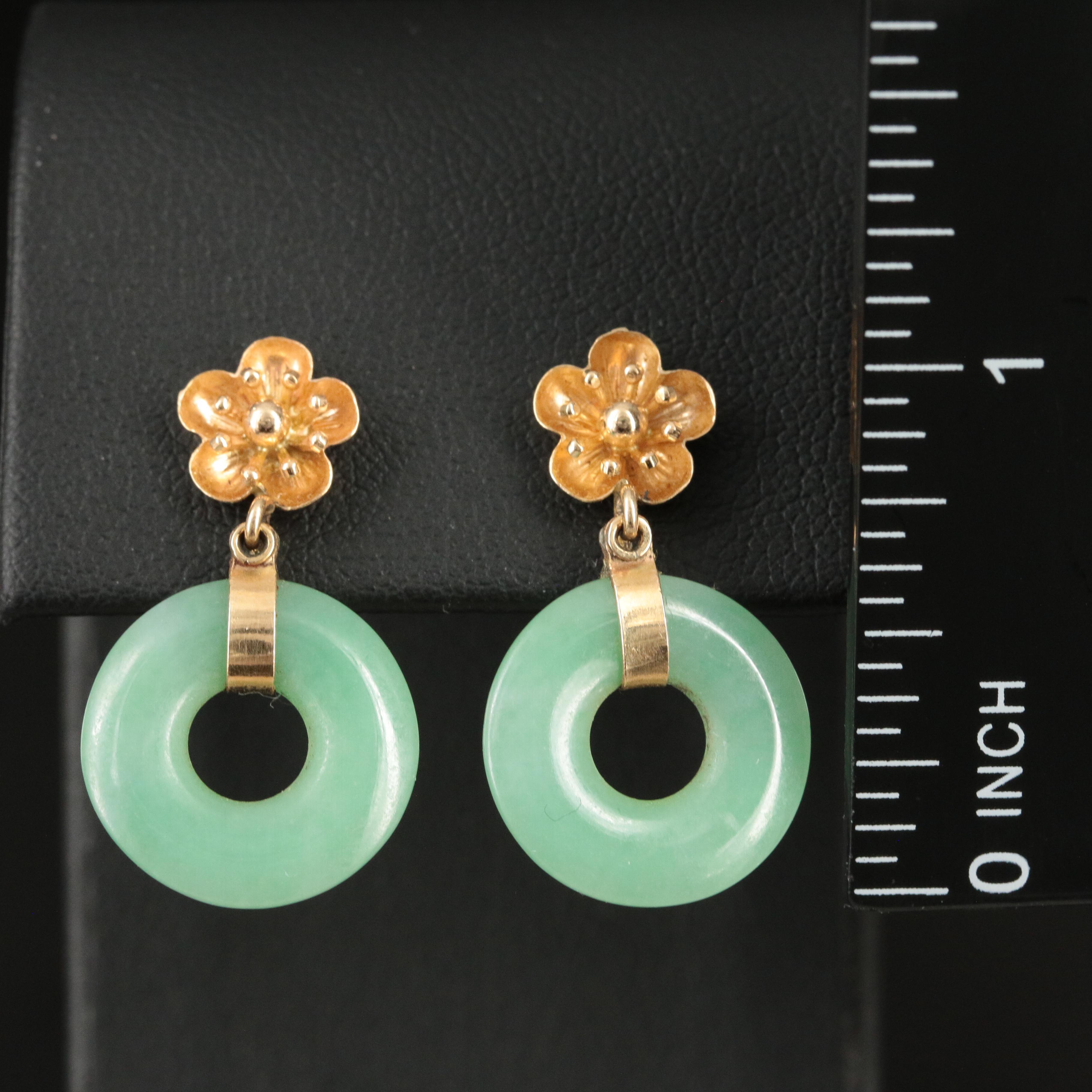 14K Jadeite Hololith and Flower Earrings