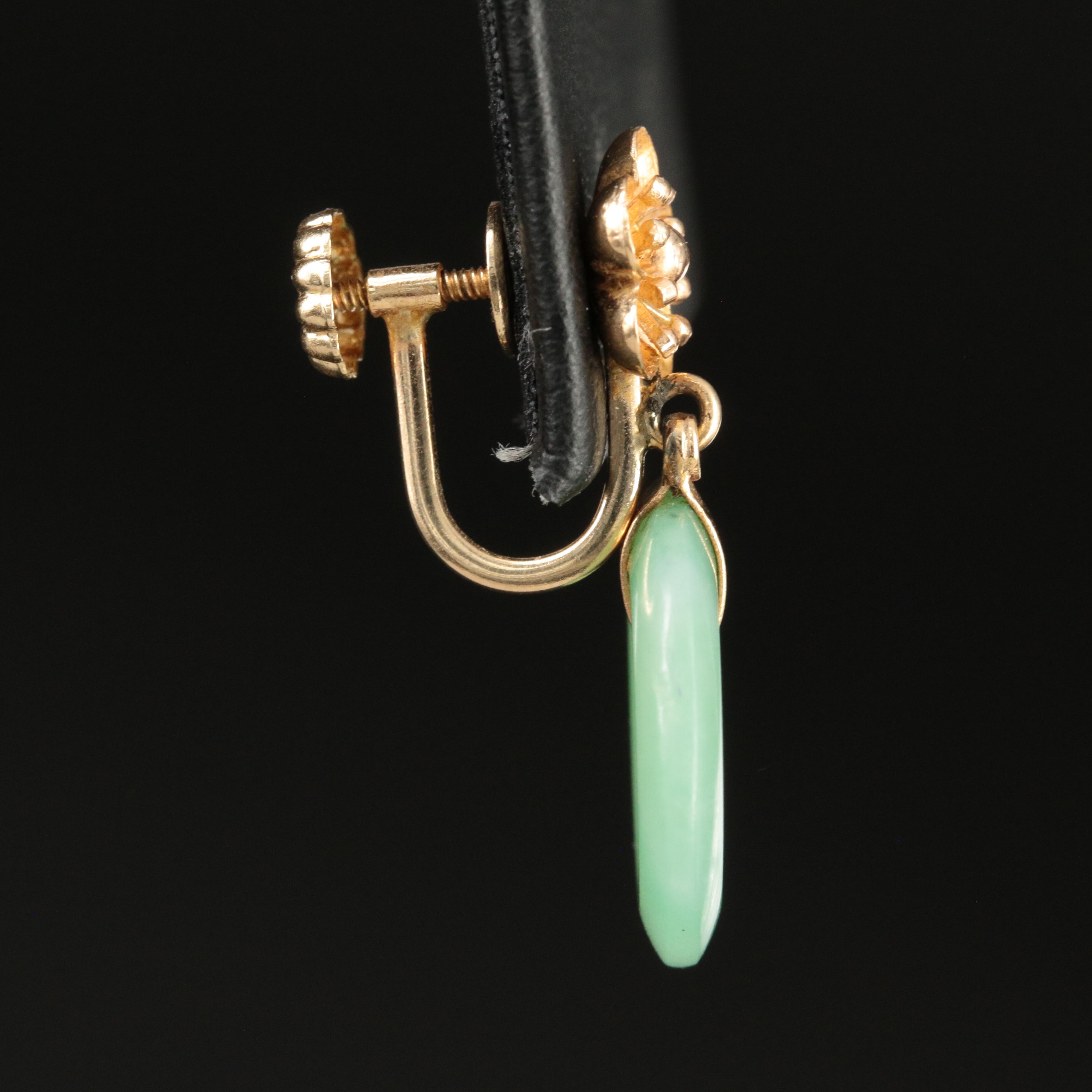 14K Jadeite Hololith and Flower Earrings
