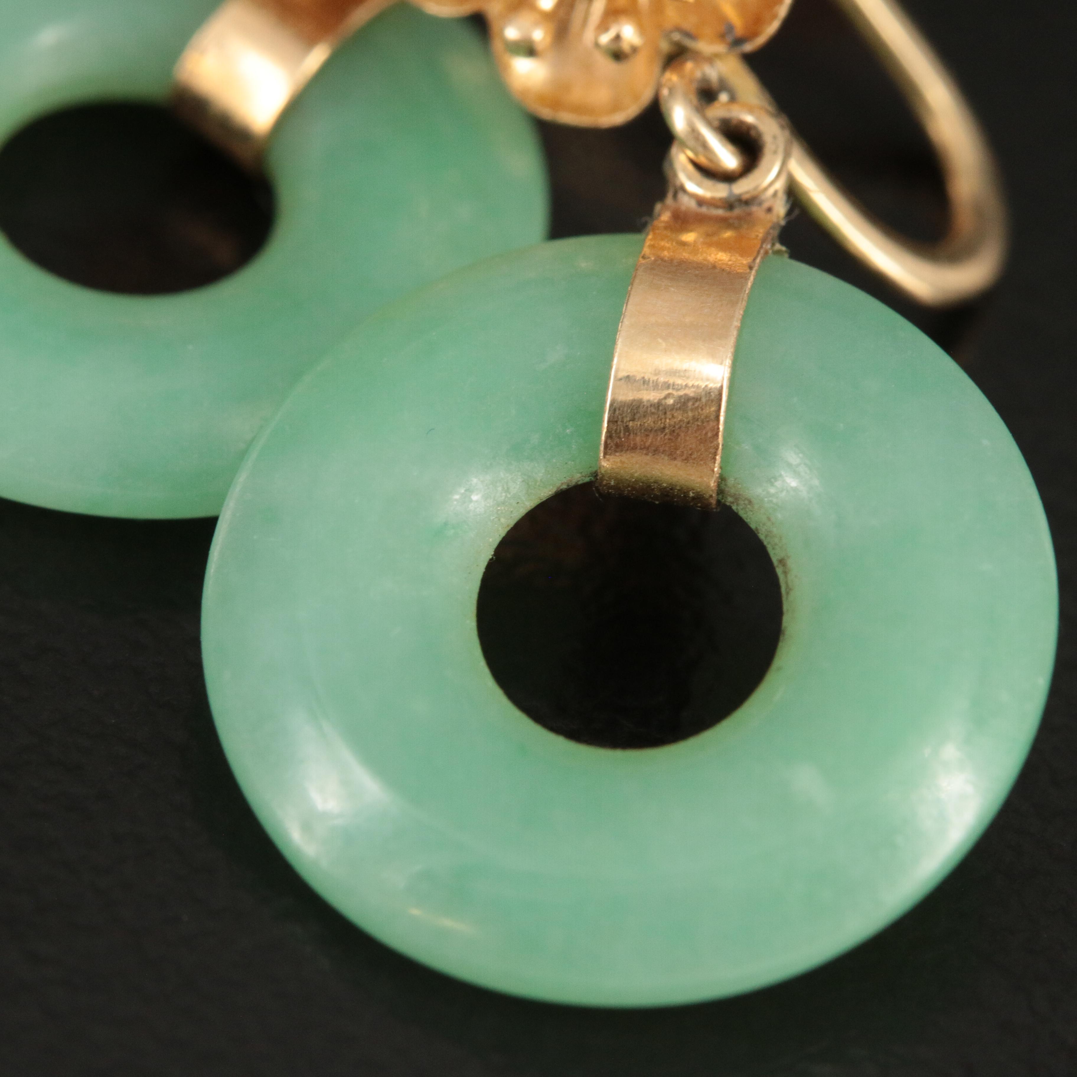 14K Jadeite Hololith and Flower Earrings
