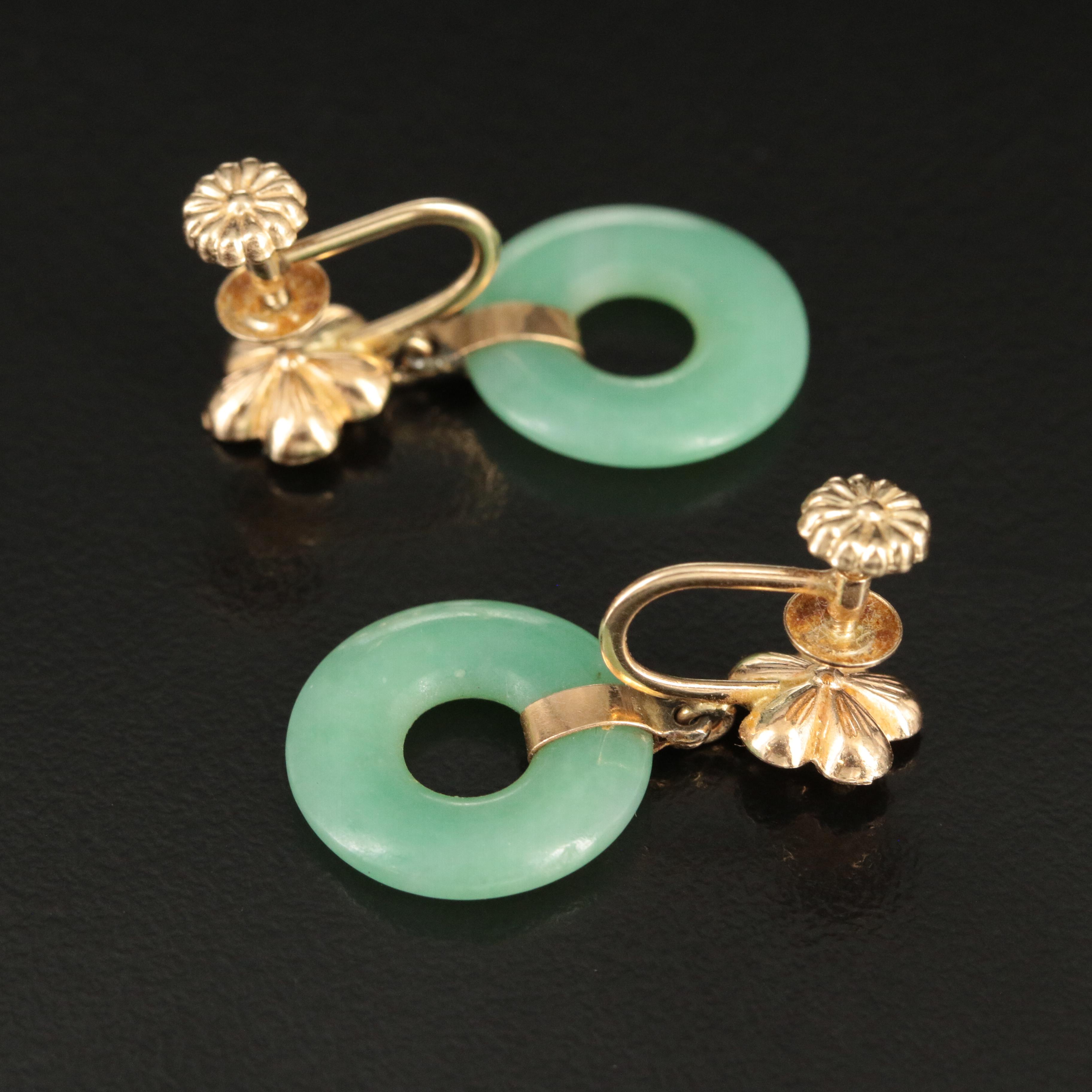14K Jadeite Hololith and Flower Earrings