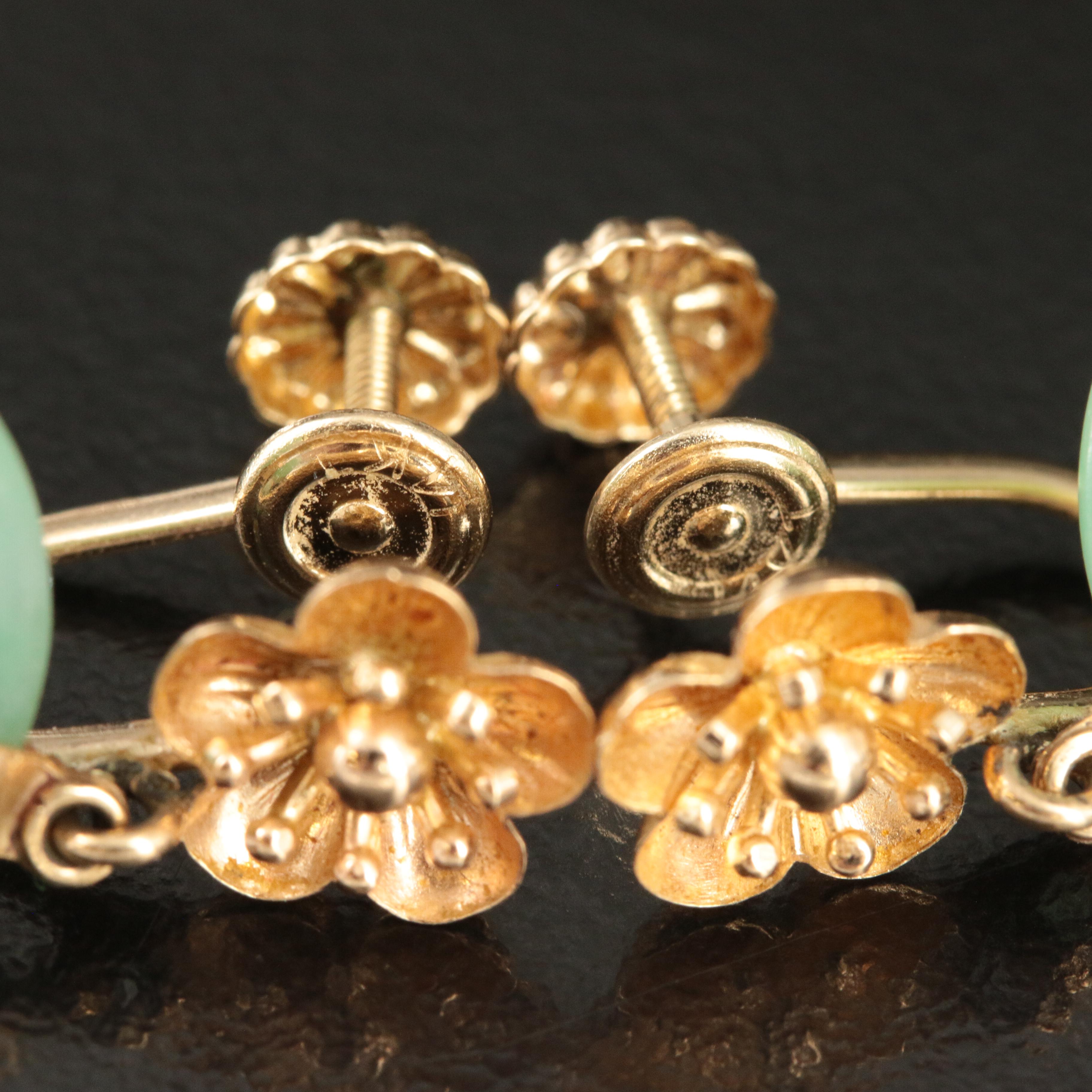 14K Jadeite Hololith and Flower Earrings