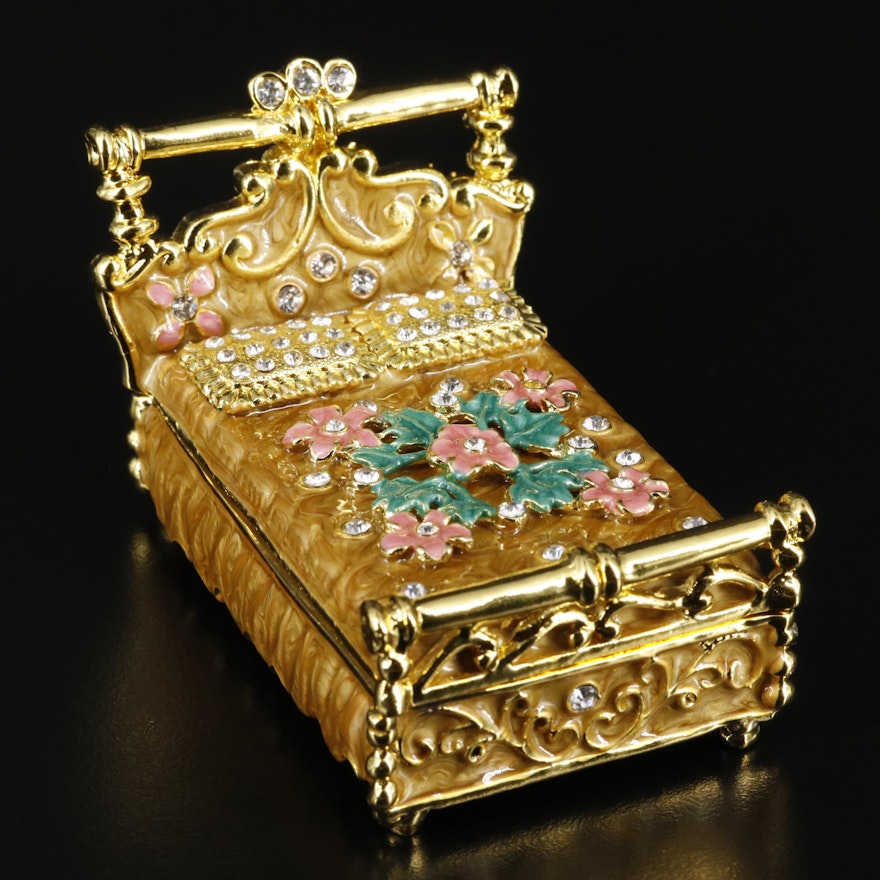 Enamel and Crystal Gold Flower Bed Trinket with Box