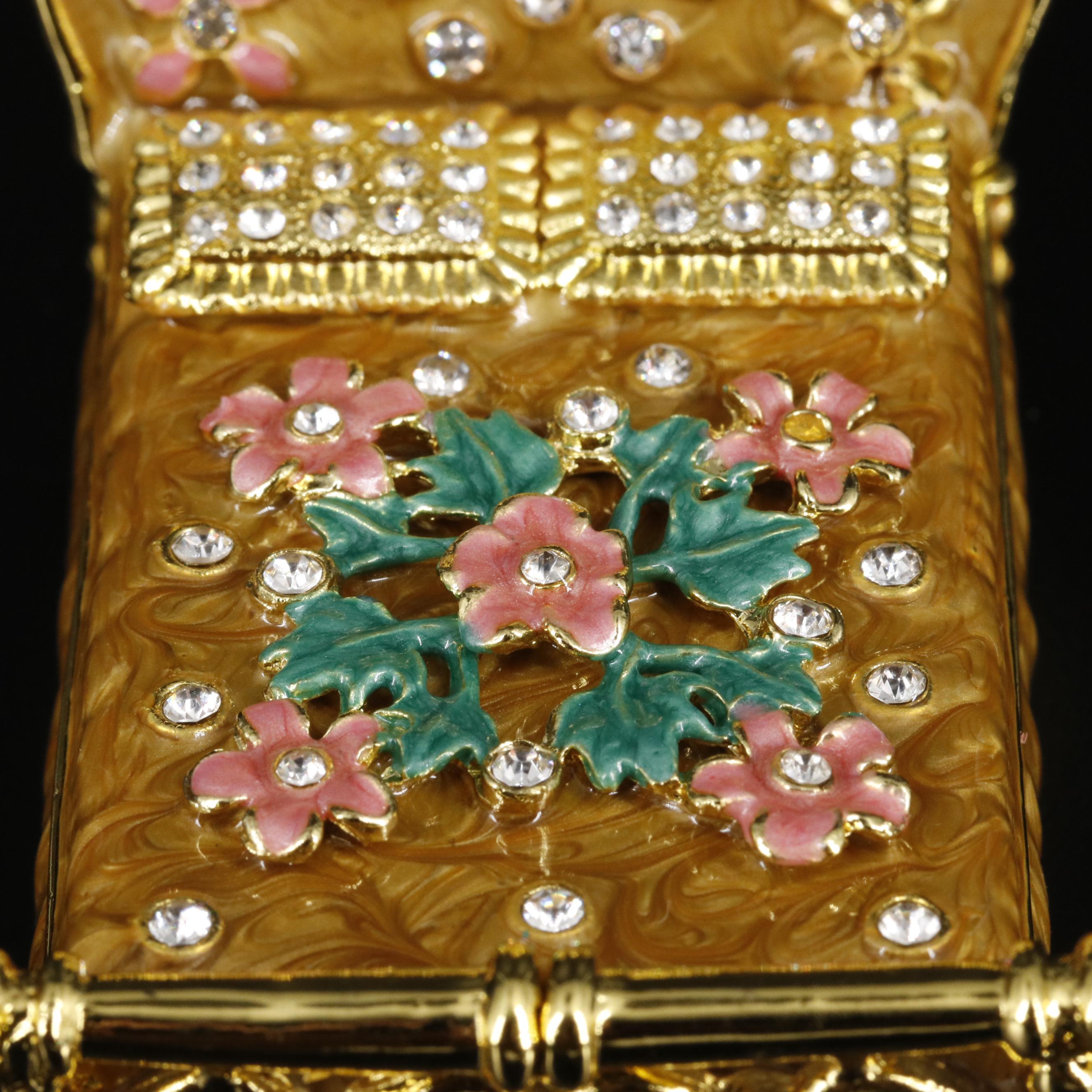 Enamel and Crystal Gold Flower Bed Trinket with Box