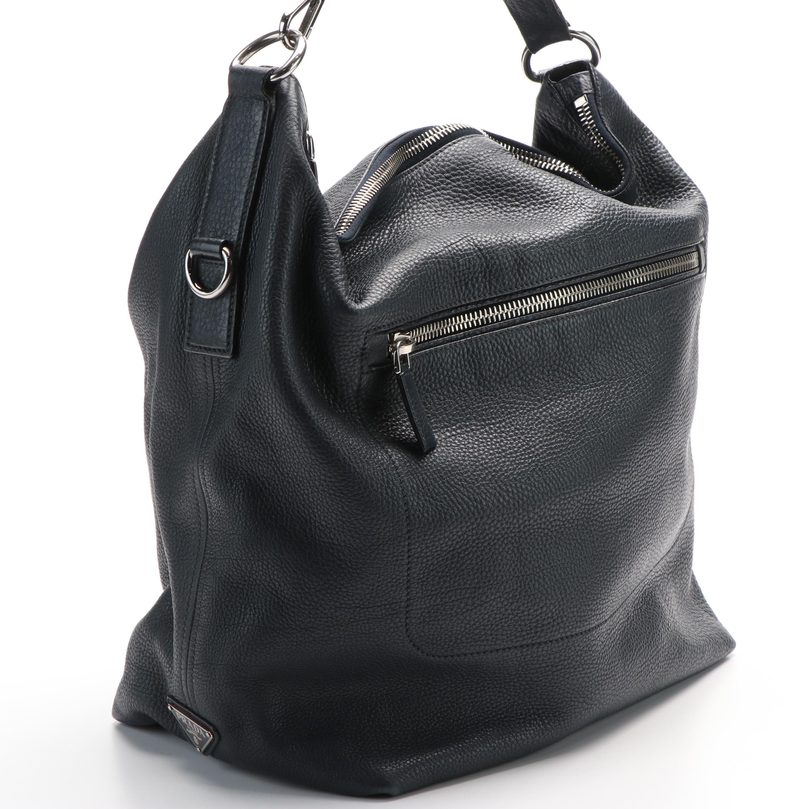 Prada Navy Blue Textured Leather Front Zip Hobo Shoulder Bag