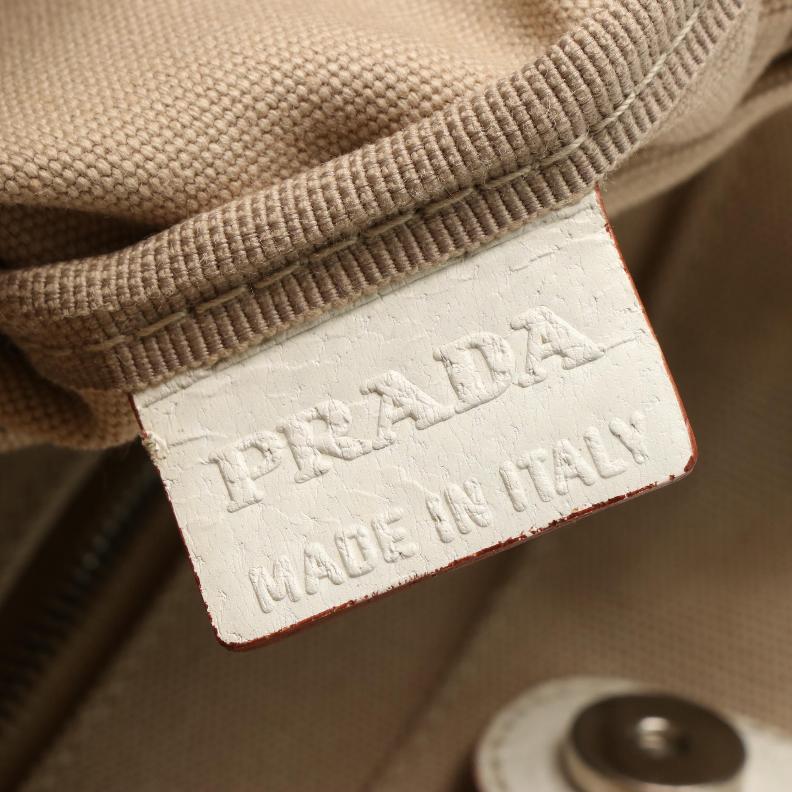 Prada Beige Canvas and White Cinghiale-Trimmed Canapa Tote