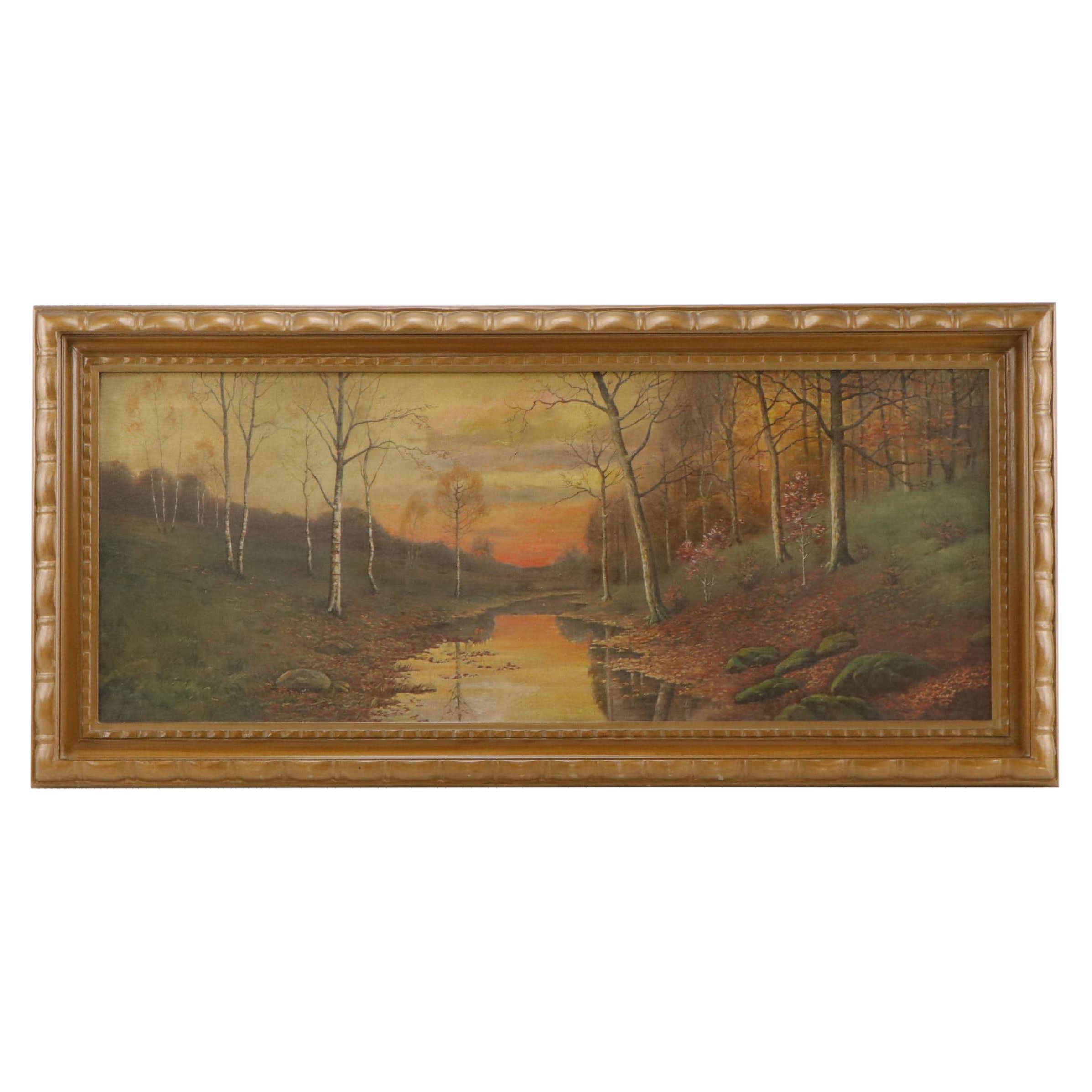 American School Late Autumn Woodland Landscape Oil Painting, Circa 1900