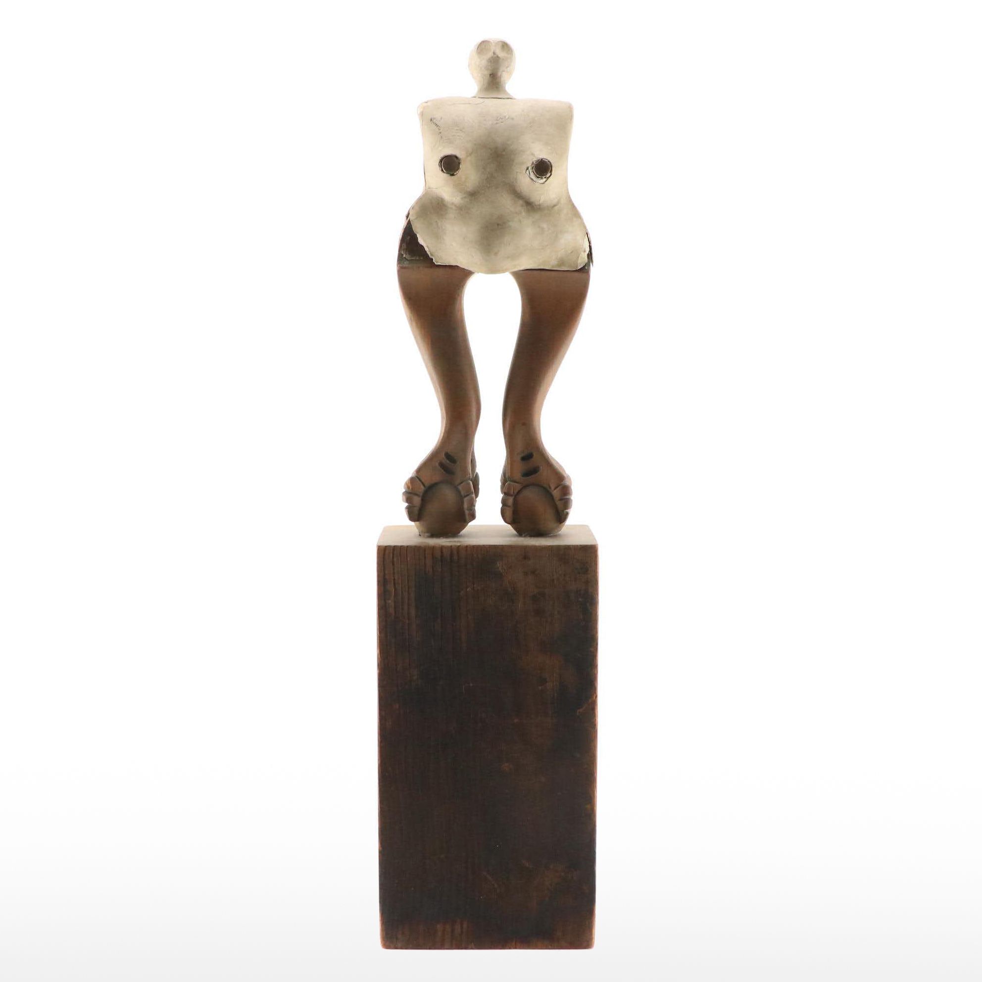 Figurative Mixed Media Sculpture with Wooden Base