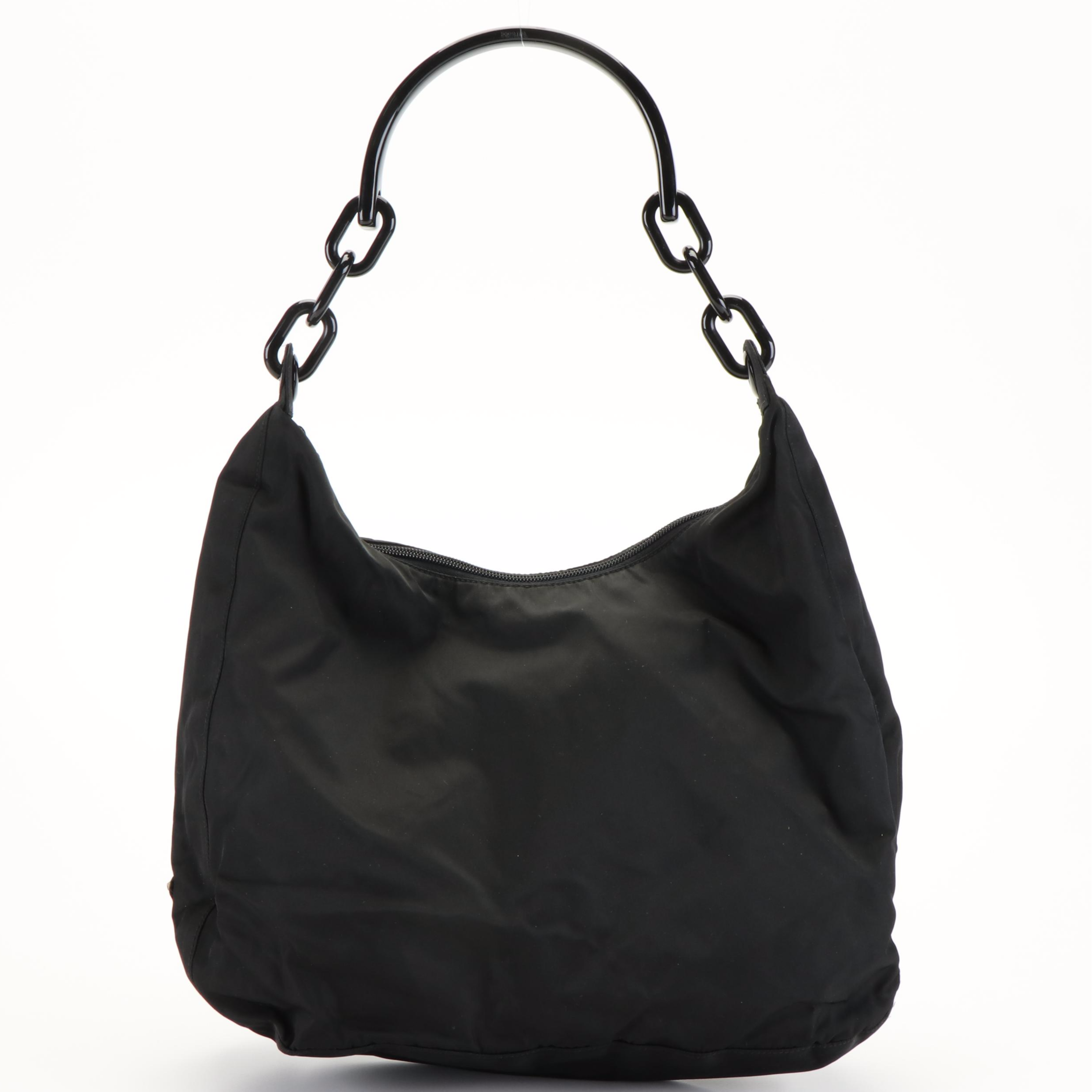 Vintage Prada Black Nylon and Lucite Handle Shoulder Bag