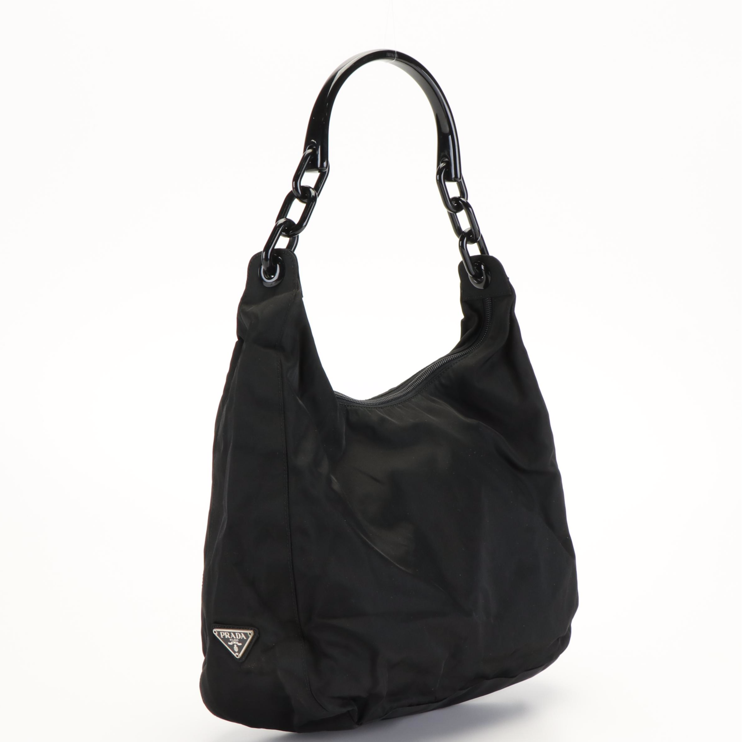Vintage Prada Black Nylon and Lucite Handle Shoulder Bag