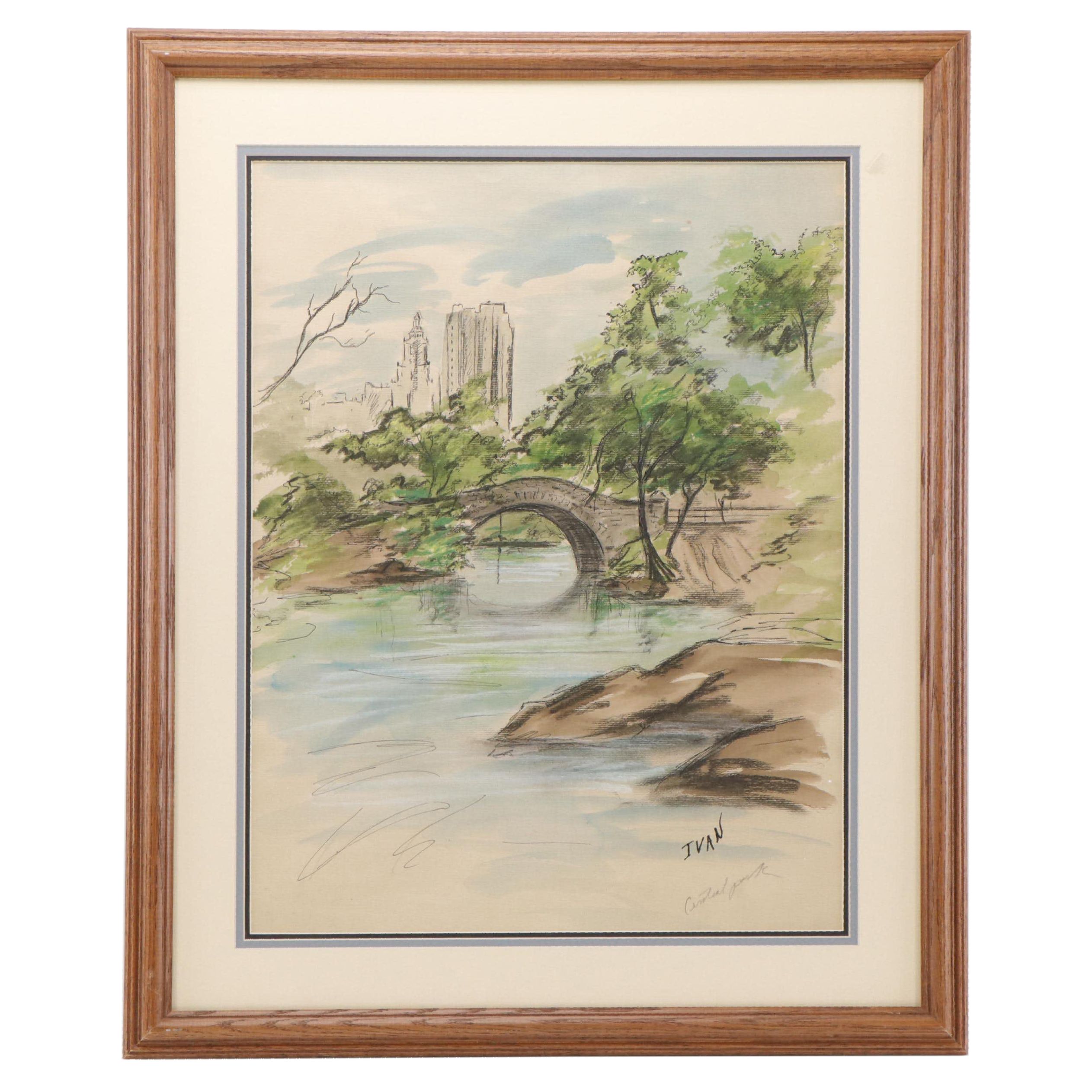 Pen & Ink With Watercolor Landscape Sketch "Central Park"