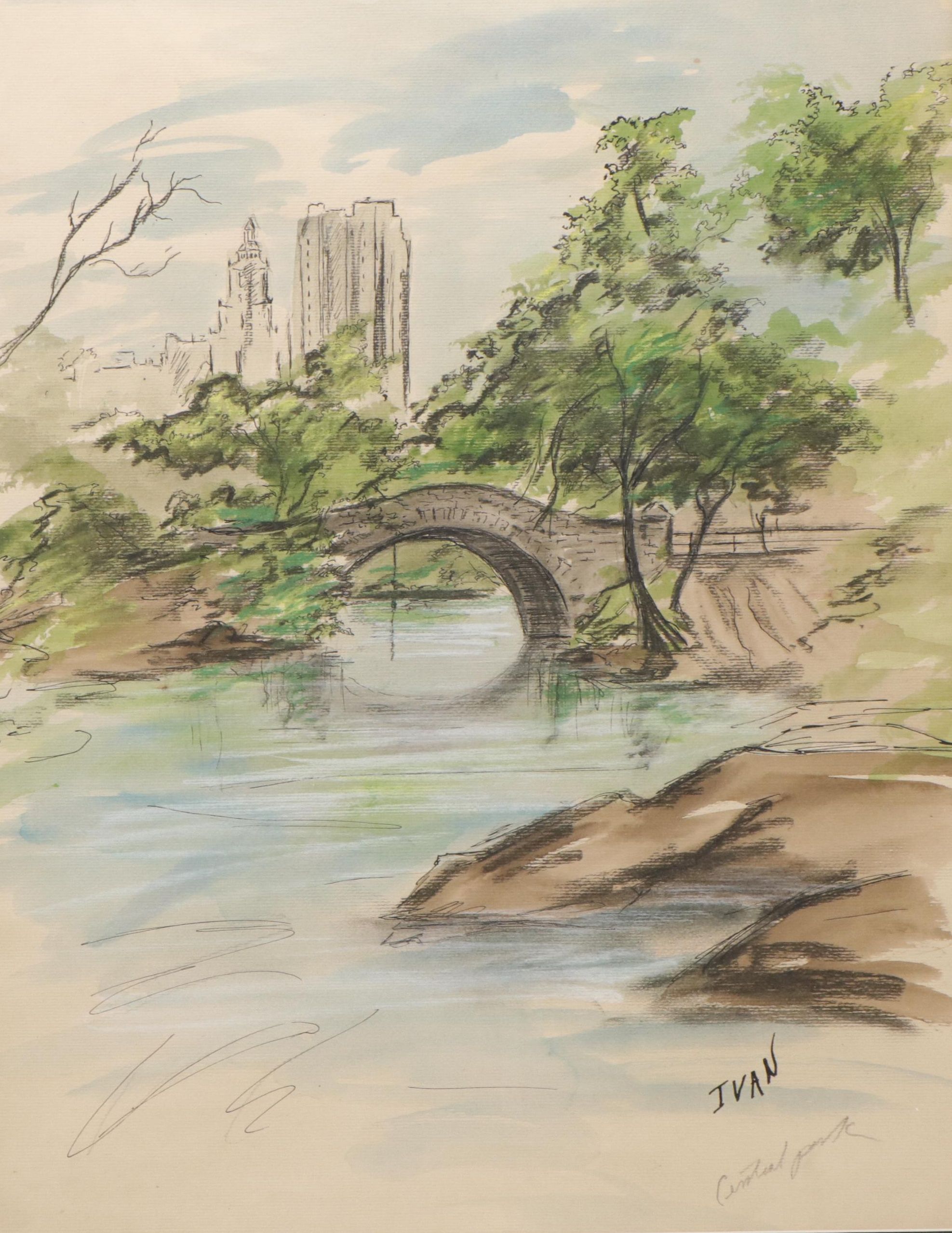 Pen & Ink With Watercolor Landscape Sketch "Central Park"