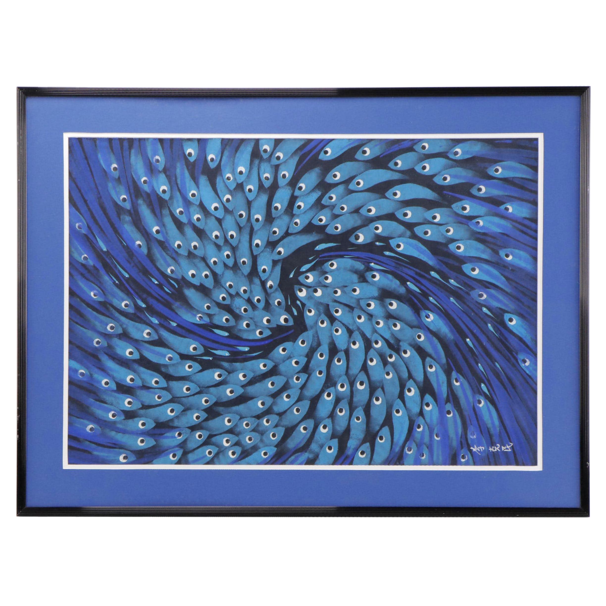 Chinese Folk Gouache Painting of School of Fish