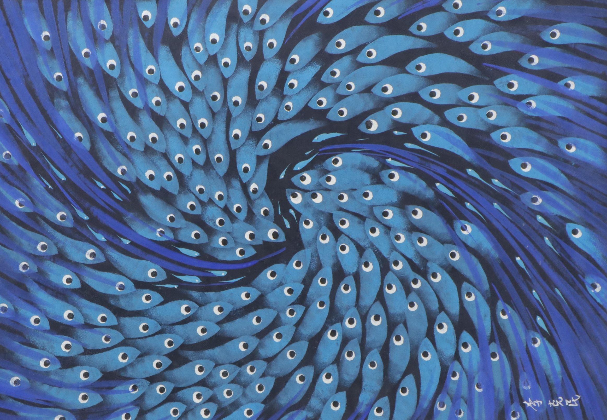 Chinese Folk Gouache Painting of School of Fish