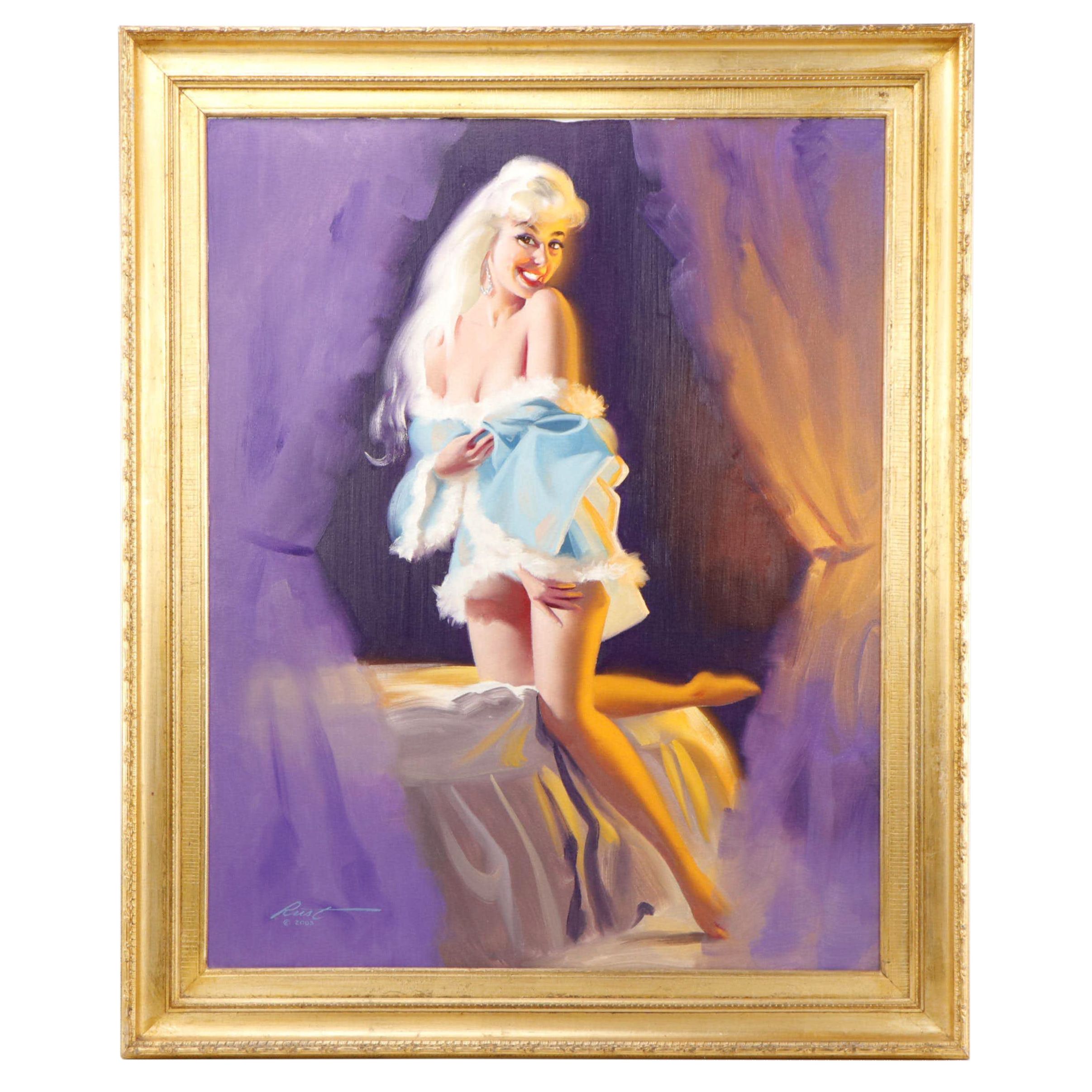 Donald Rust Oil Painting of Boudoir Scene With Pin-up Figure, 2003