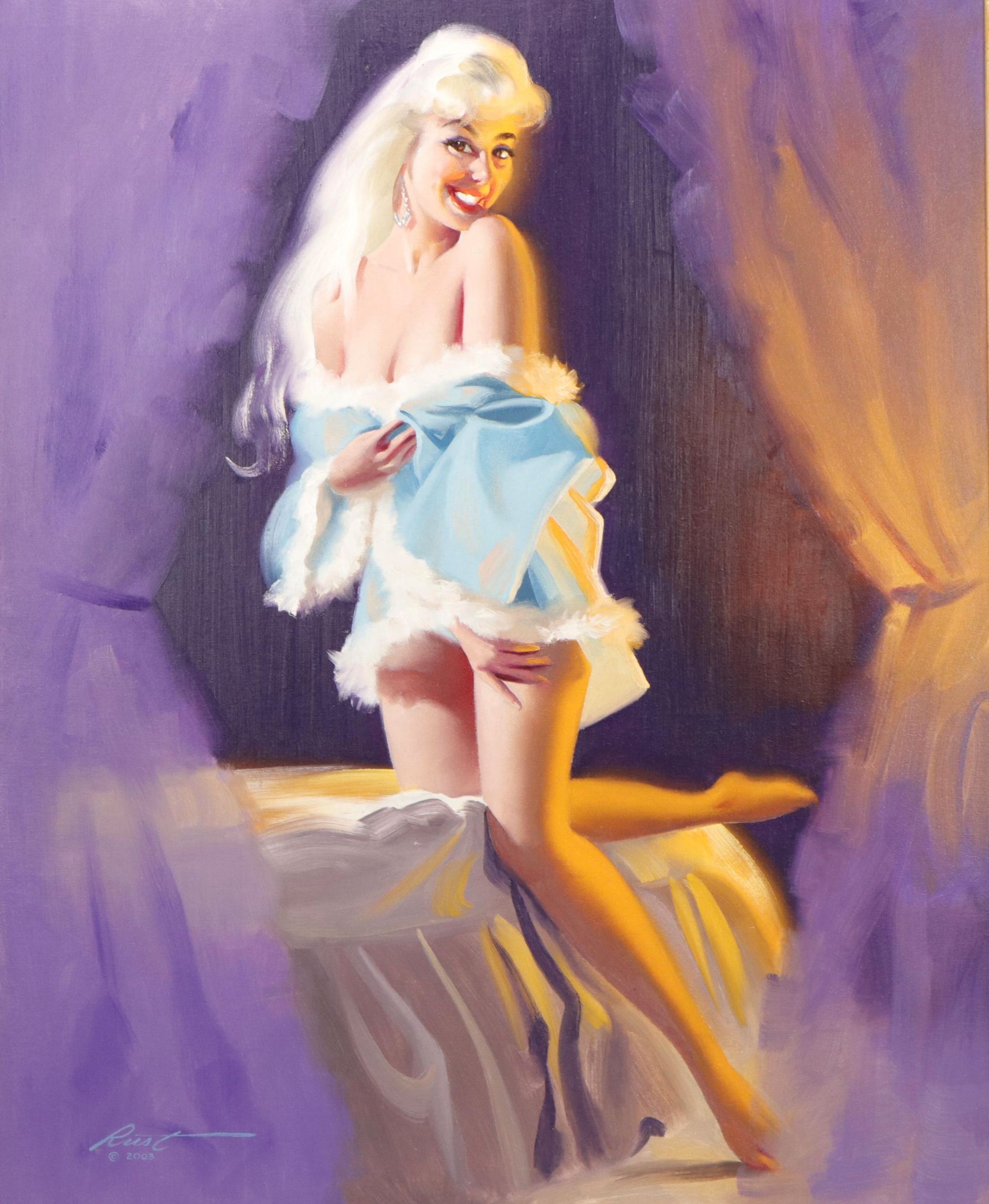 Donald Rust Oil Painting of Boudoir Scene With Pin-up Figure, 2003