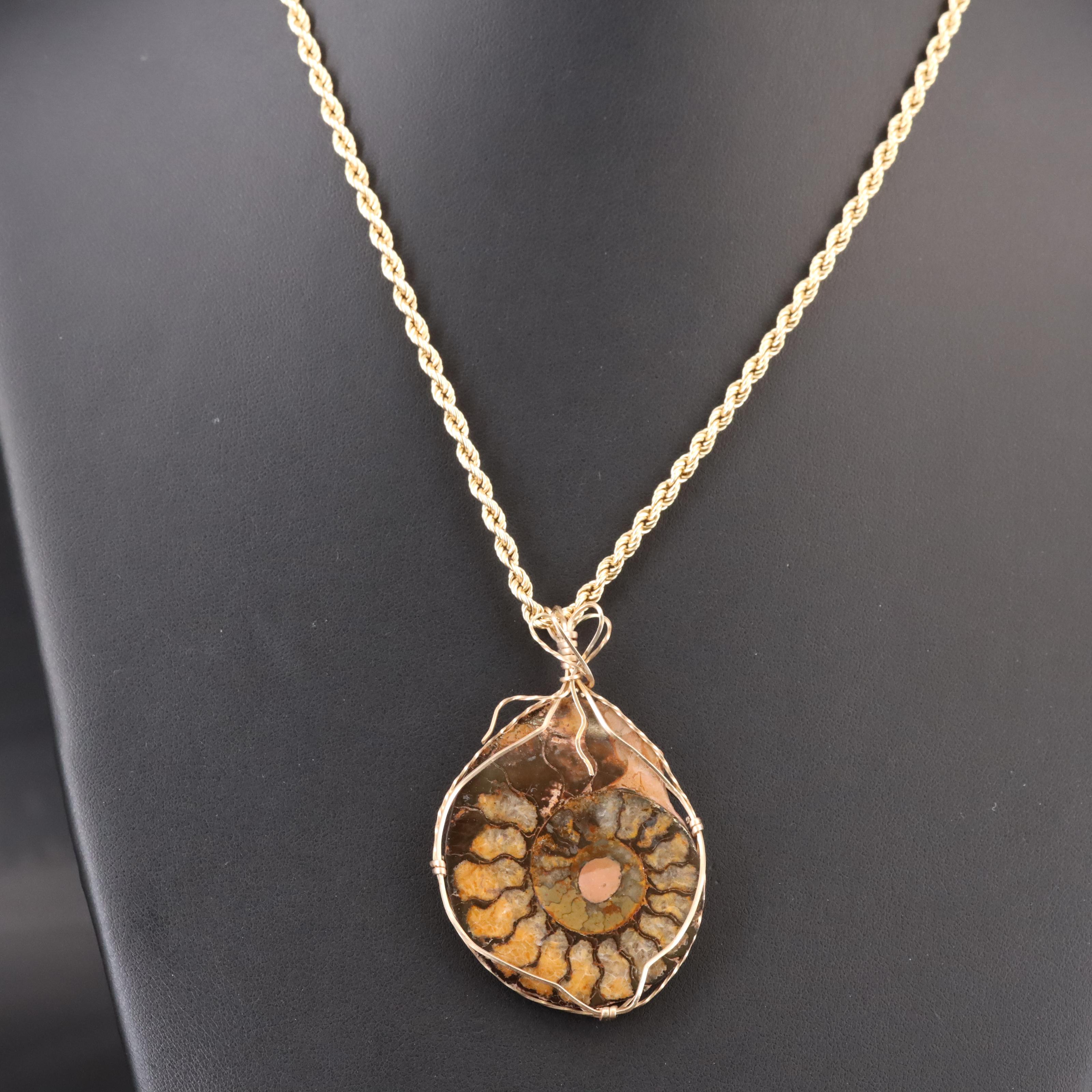 Wire Wrap Ammonite Pendant with 14K Rope Chain