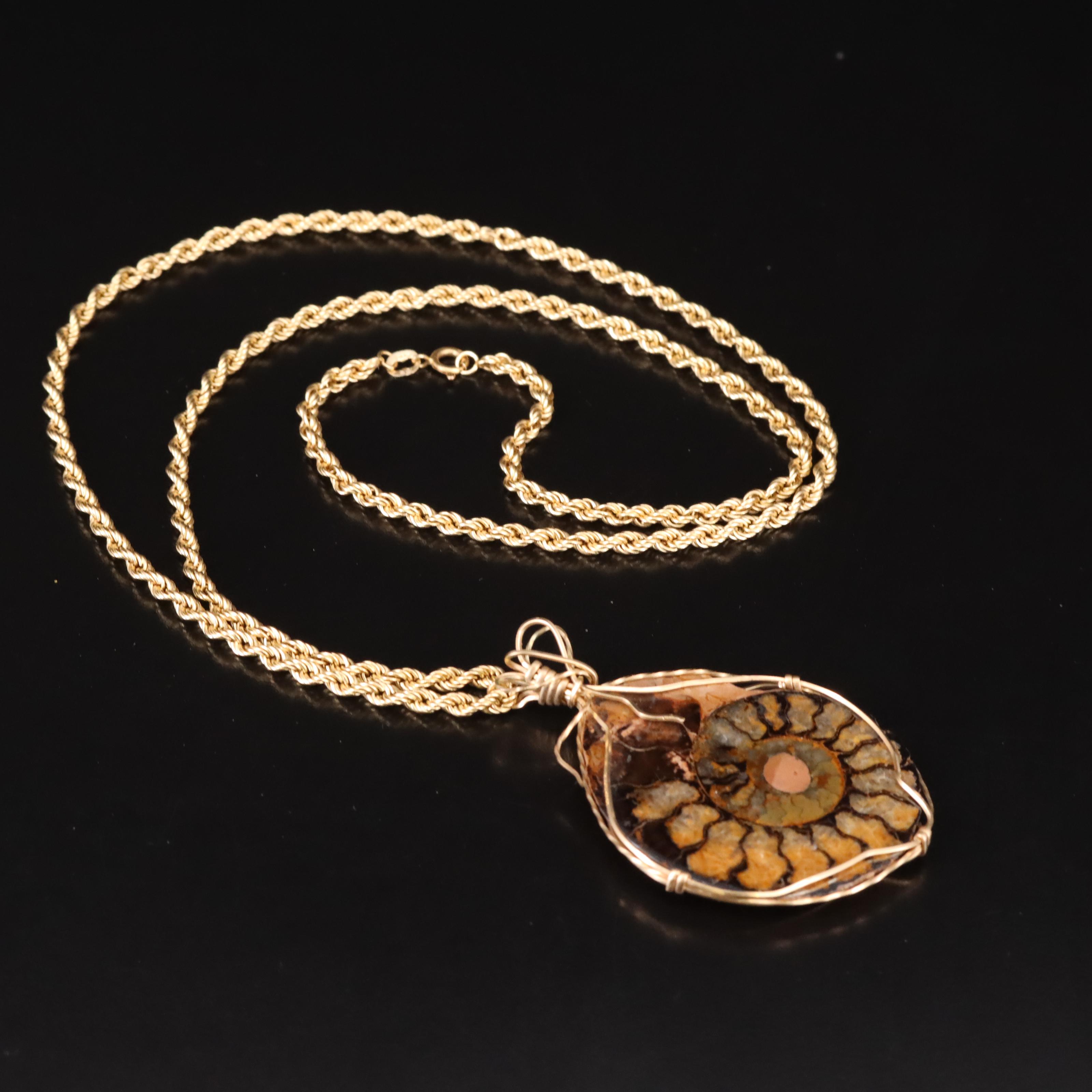 Wire Wrap Ammonite Pendant with 14K Rope Chain