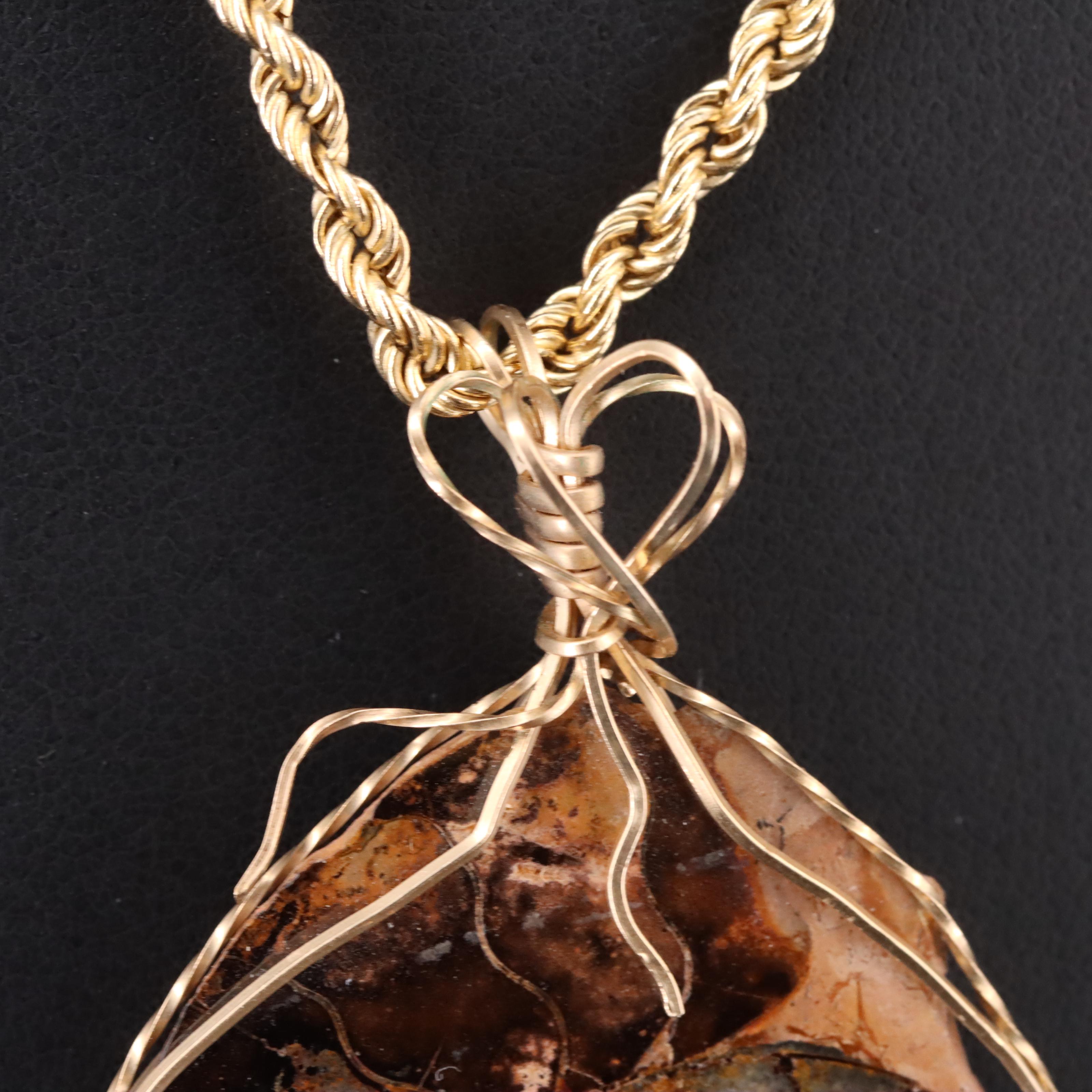 Wire Wrap Ammonite Pendant with 14K Rope Chain