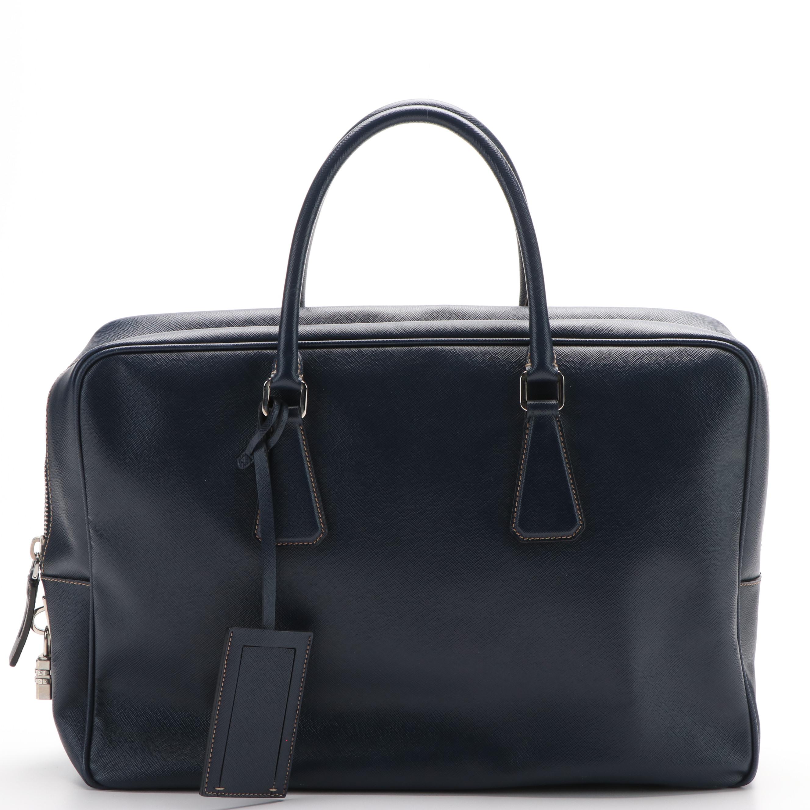 Prada Blue Saffiano Leather Travel Briefcase