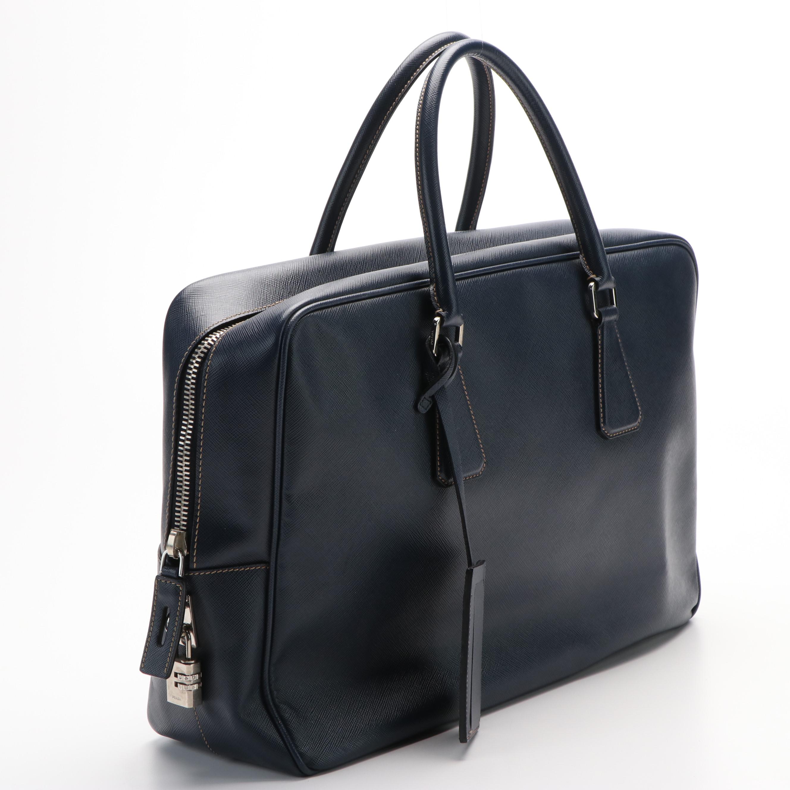 Prada Blue Saffiano Leather Travel Briefcase