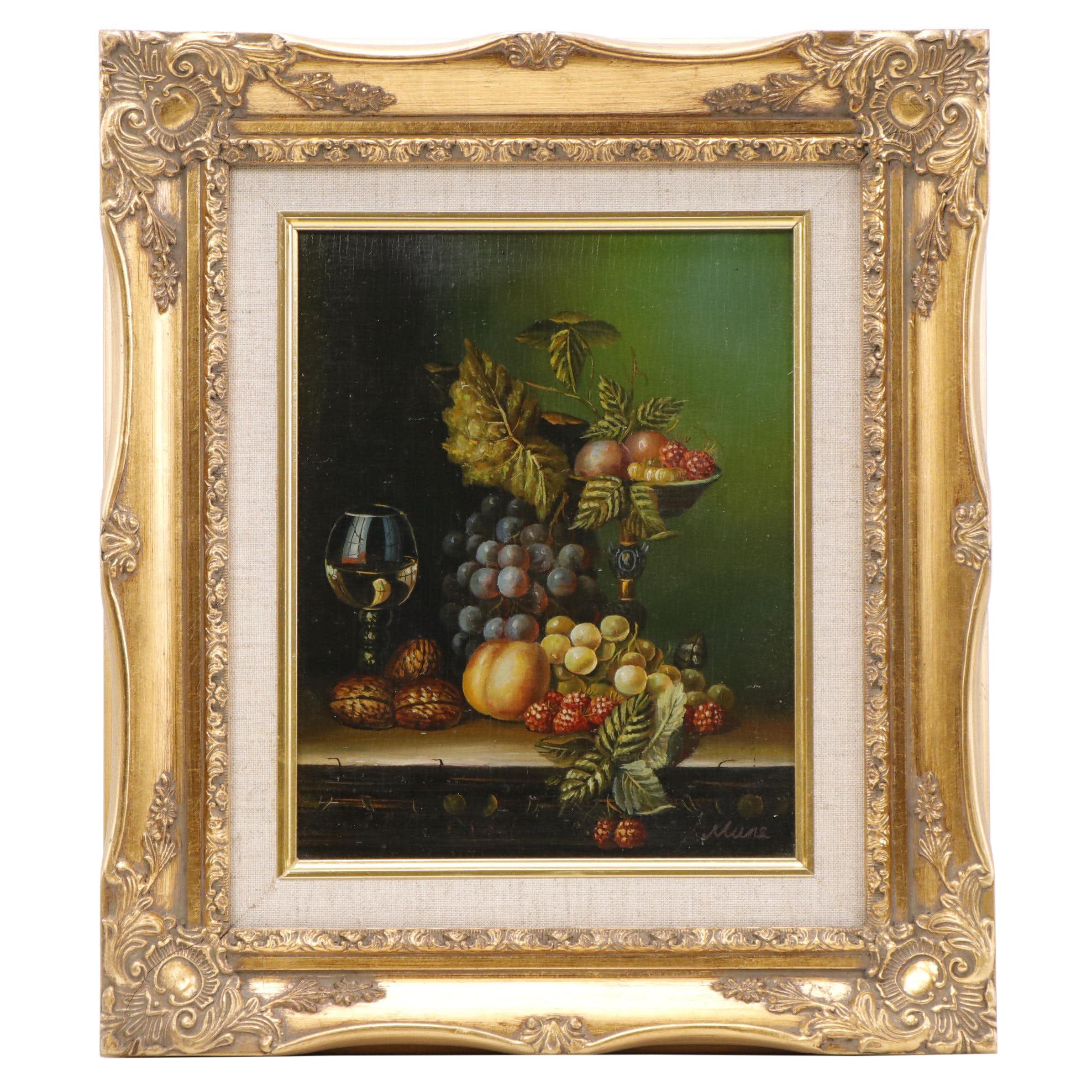 Munz Still Life Oil Painting of Fruit and Nuts, Late 20th Century