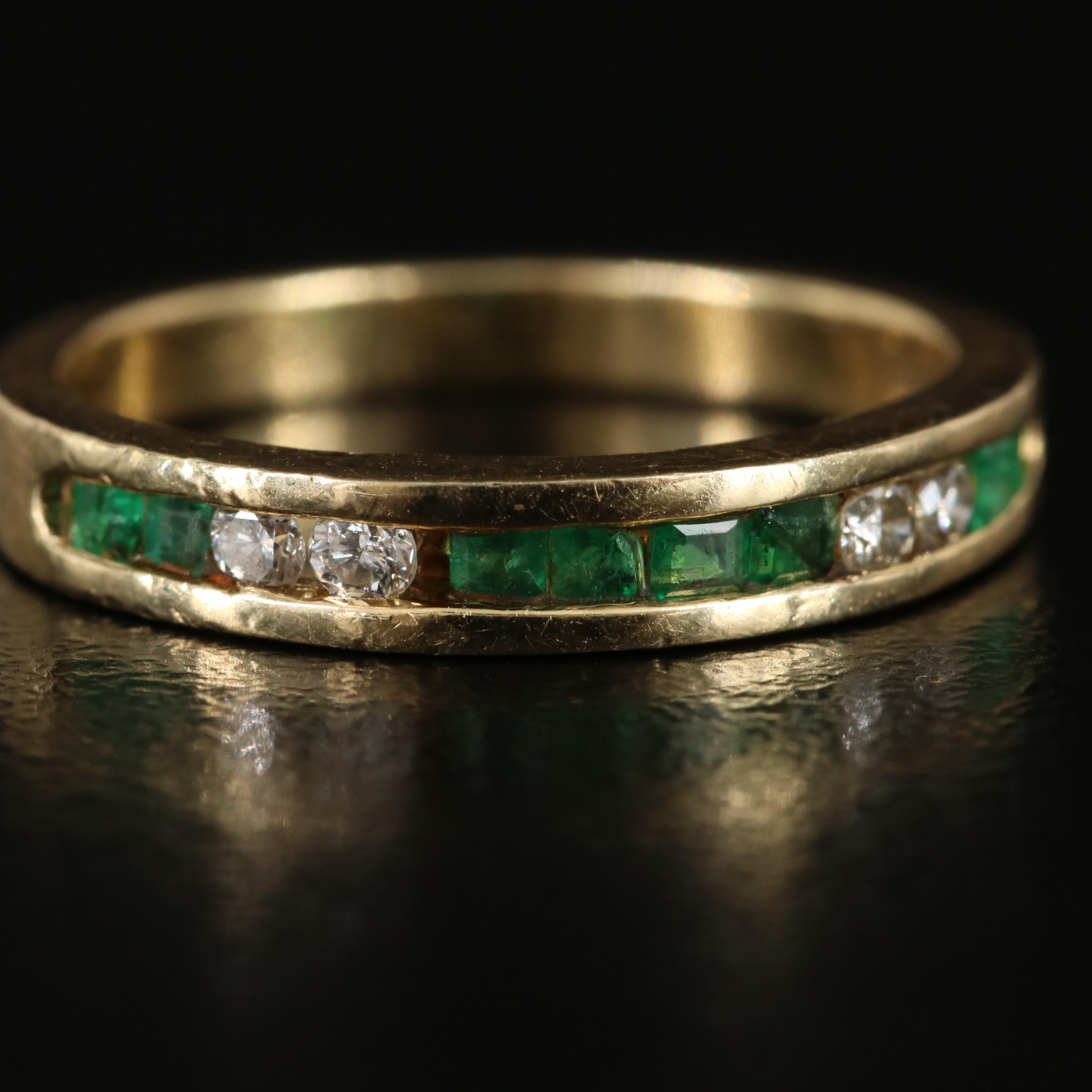 14K Emerald and Diamond Channel Ring