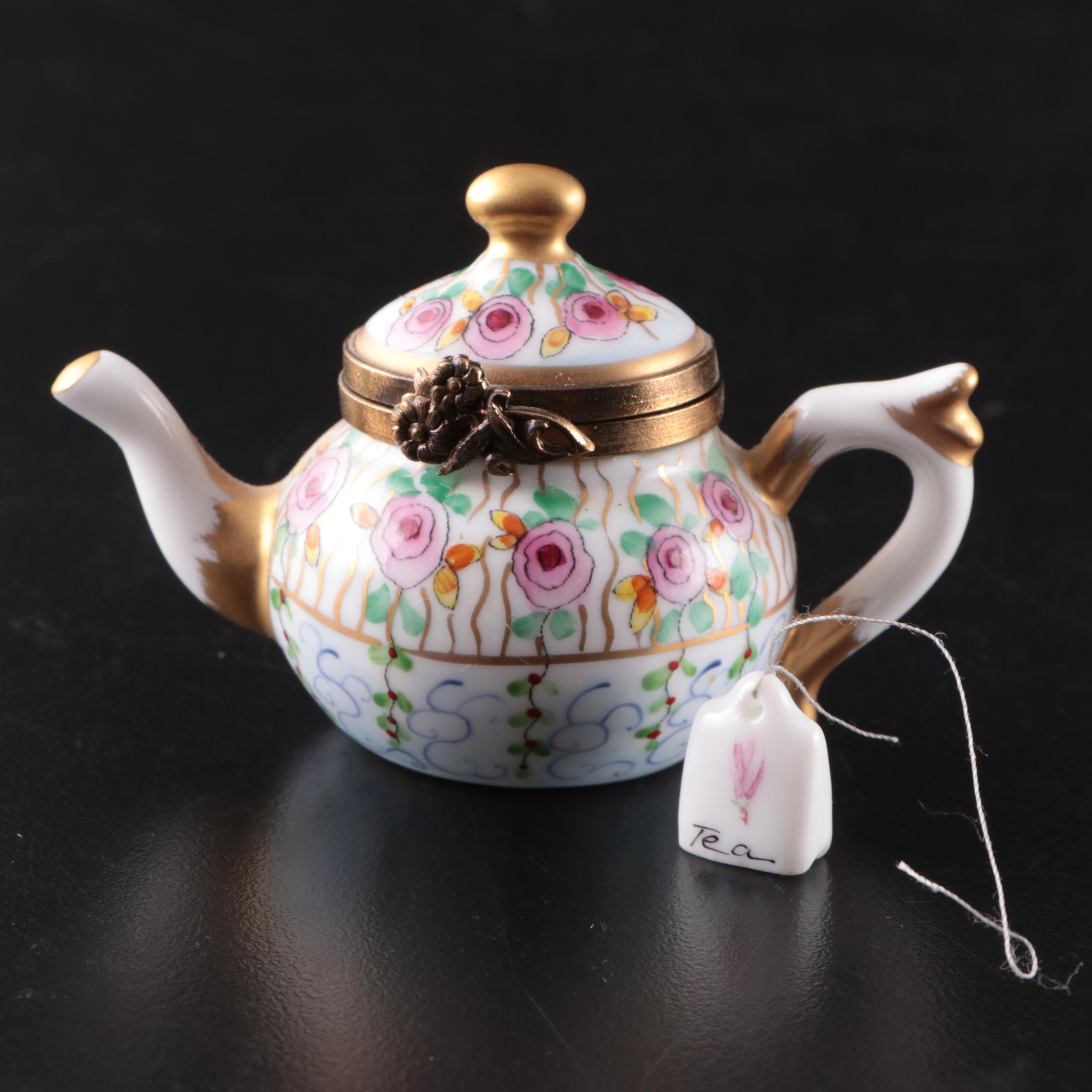 French Hand-Painted Limoges Porcelain Teapot and Tea Bag Trinket Box