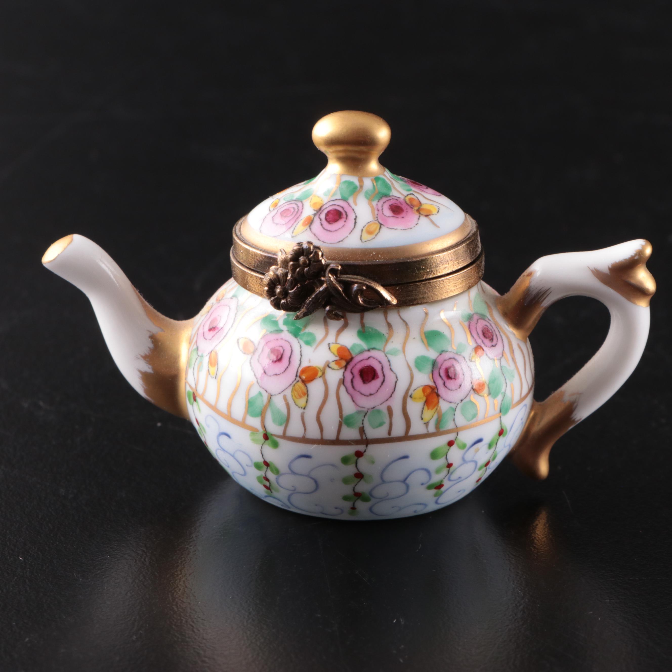 French HandPainted Limoges Porcelain Teapot and Tea Bag Trinket Box EBTH