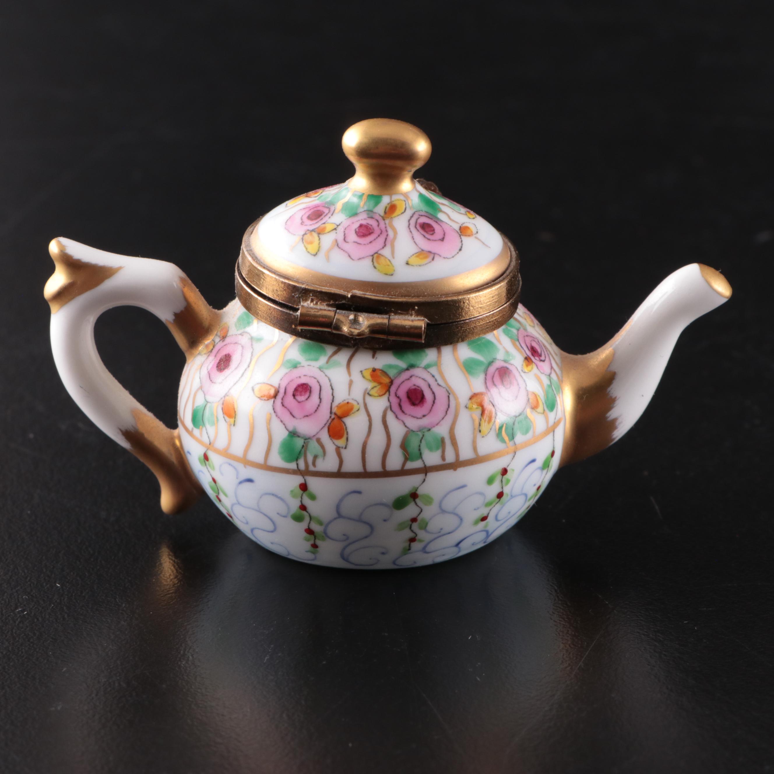 French Hand-Painted Limoges Porcelain Teapot and Tea Bag Trinket Box